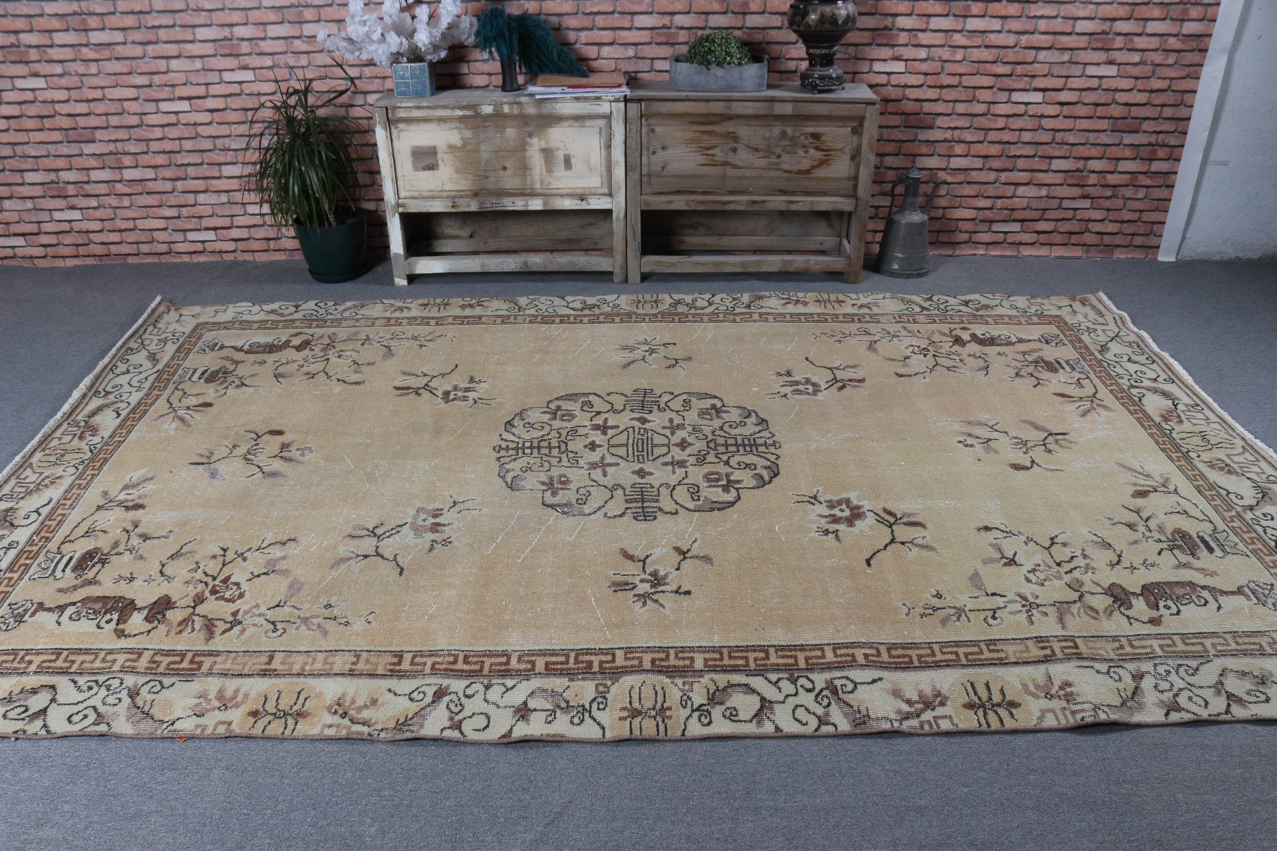 Fas Halıları, Vintage Halı, Büyük Boho Halıları, Oryantal Halılar, Oturma Odası Halıları, Türk Halıları, 6.4x10.2 ft Büyük Halılar, Kahverengi Anadolu Halısı