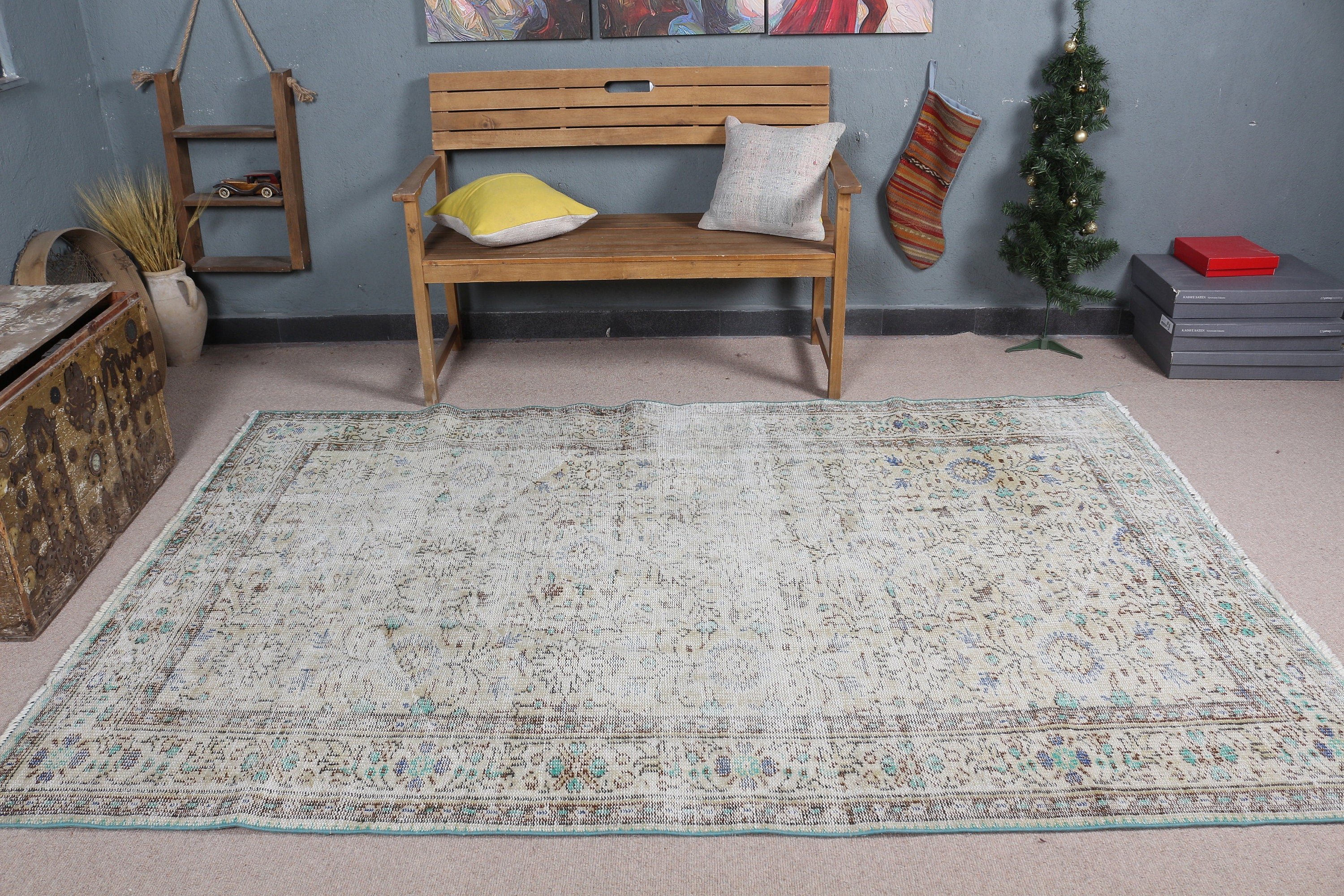 Türk Halısı, 5.4x8.4 ft Büyük Halı, Vintage Halı, Yemek Odası Halısı, Bej Fas Halıları, Mutfak Halısı, Fas Halısı, Yatak Odası Halıları, Pastel Halı