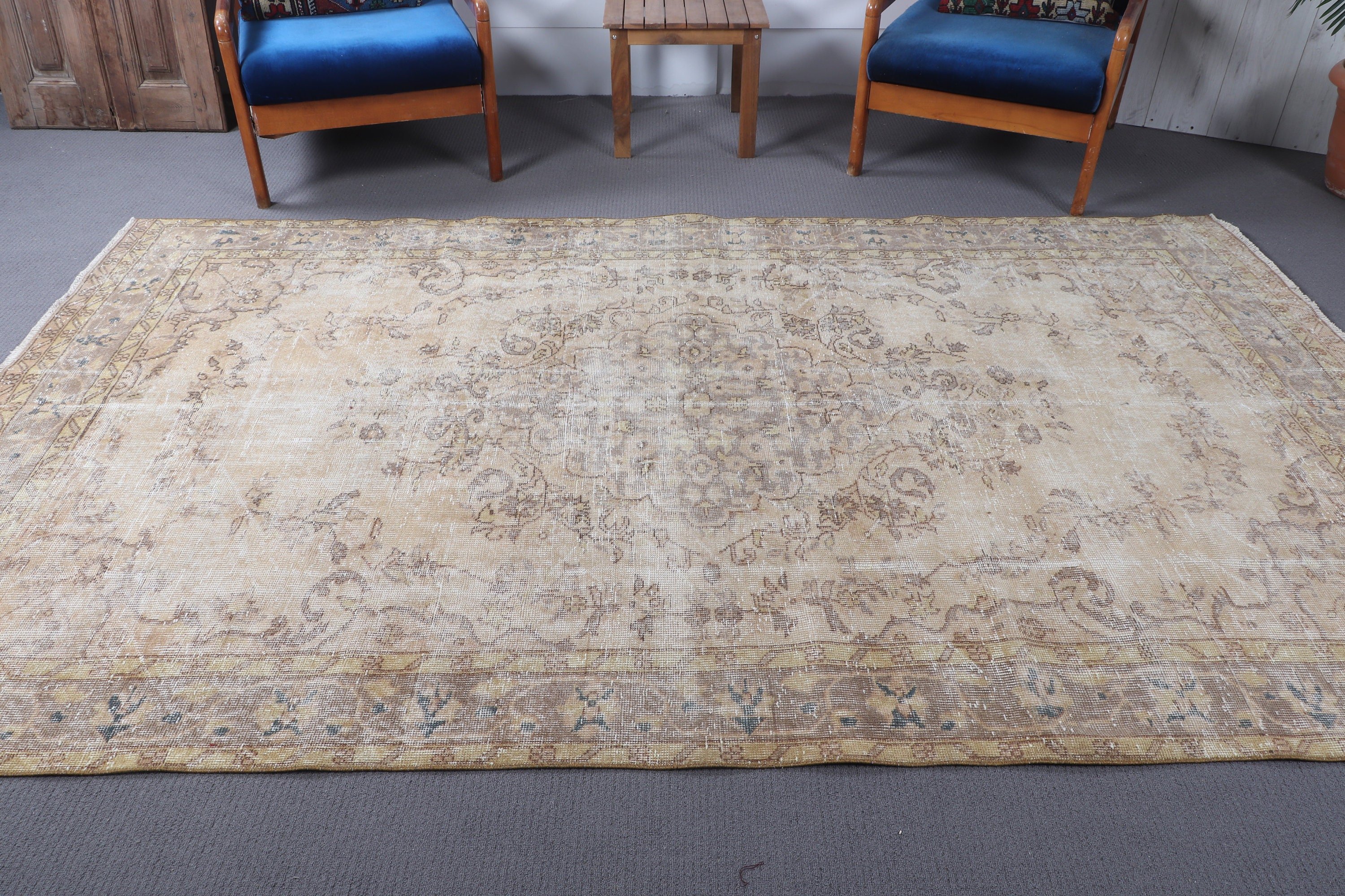 Nötr Halılar, Sarı Mutfak Halısı, Büyük Oushak Halıları, Vintage Halı, Türk Halıları, Anadolu Halıları, 5.9x9.5 ft Büyük Halı, Oturma Odası Halısı