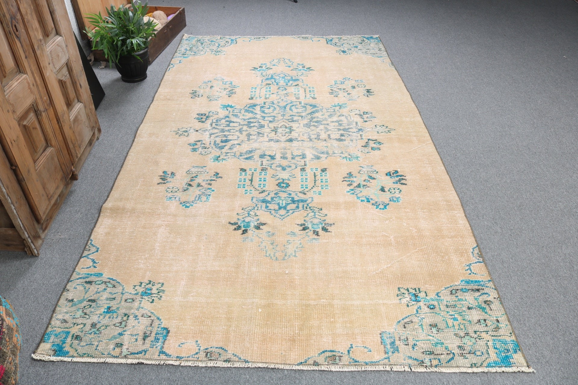 Bej Yer Halıları, Yün Halı, 5x8,7 ft Büyük Halı, Büyük Boho Halıları, Oturma Odası Halısı, Türk Halısı, Estetik Halı, Vintage Halılar, Geometrik Halı