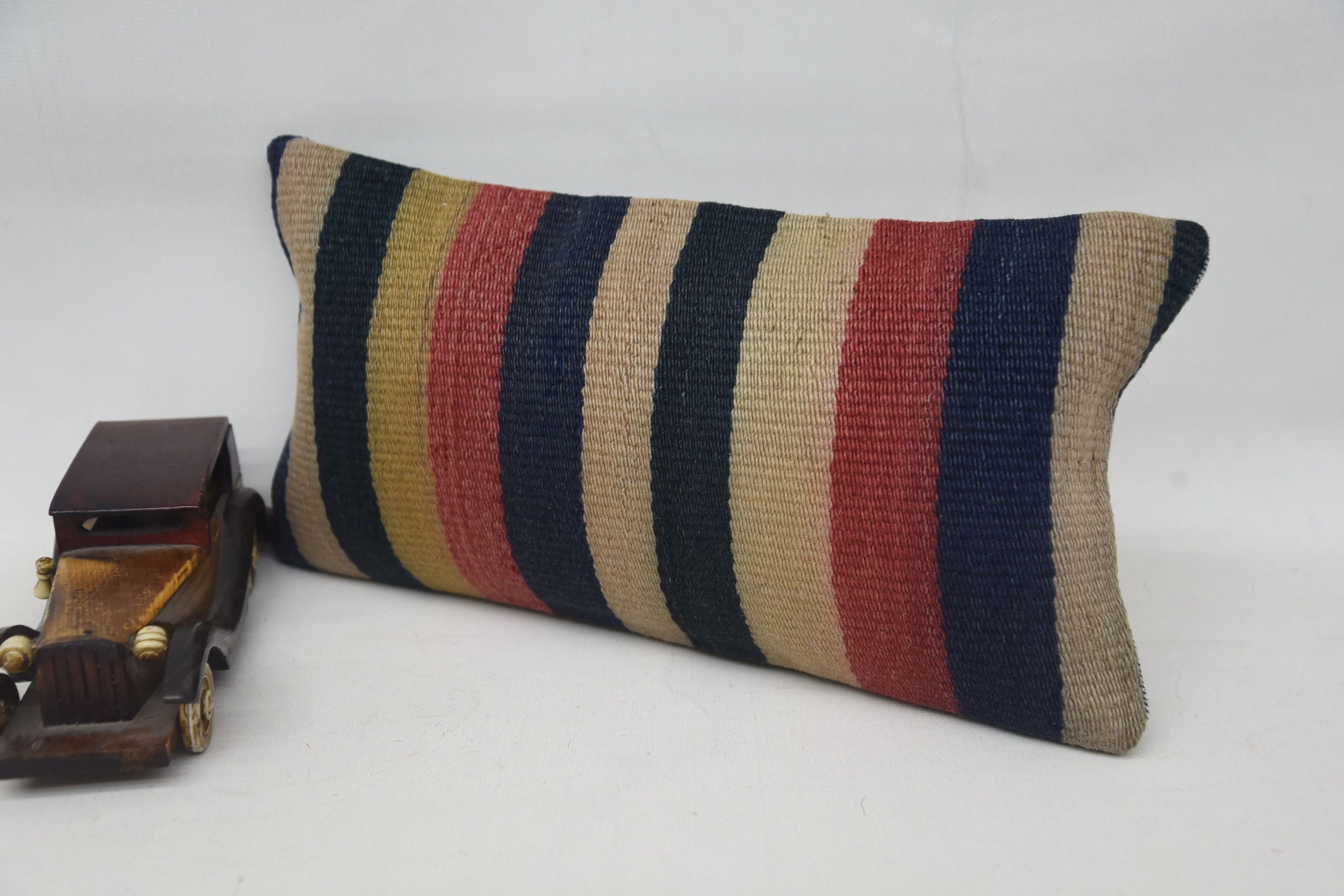 Pillow for Sofa, Vintage Kilim Throw Pillow, 8"x16" Blue Cushion, Ethnical Kilim Rug Pillow, Authentic Cushion Case