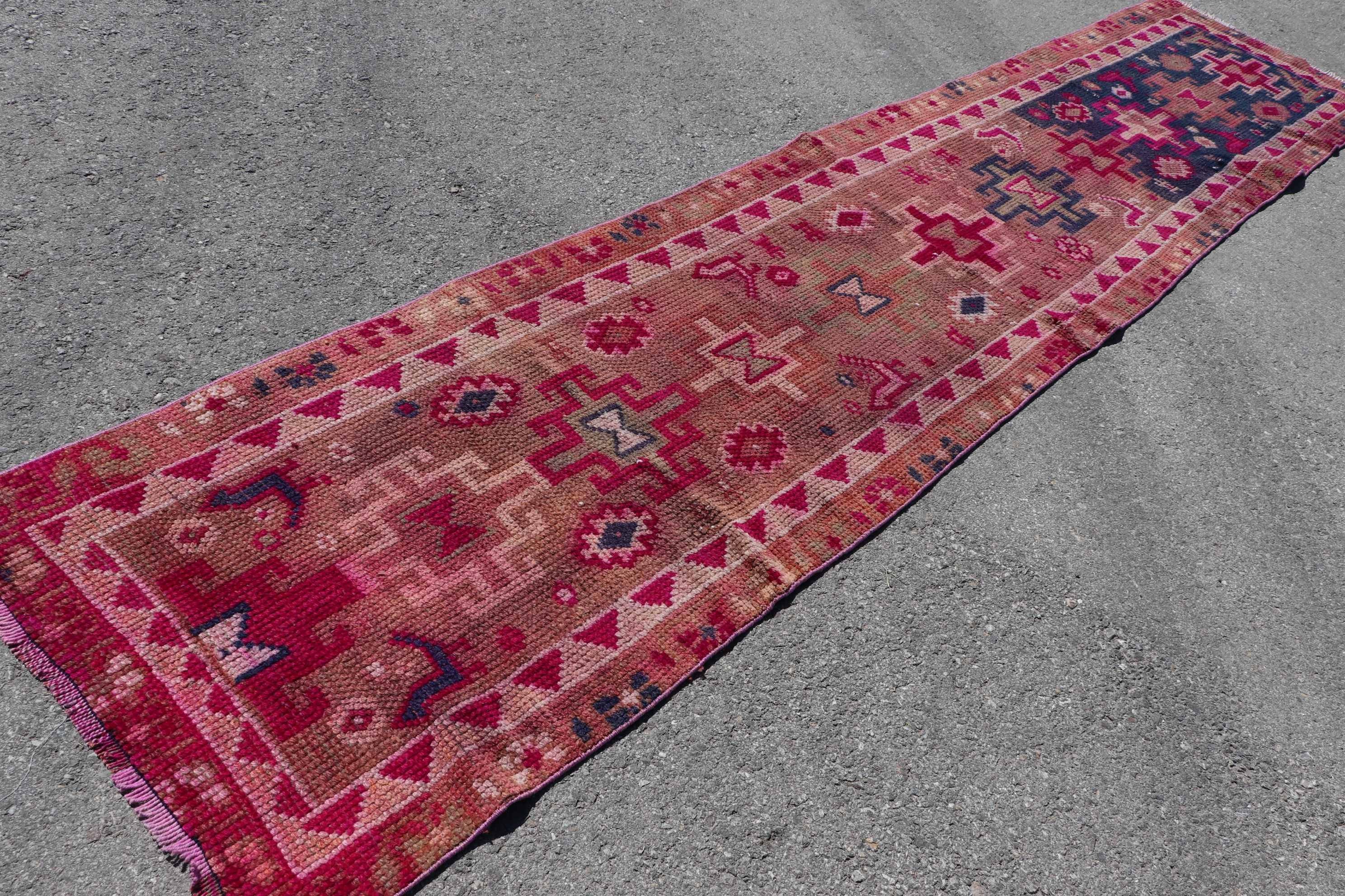 Wool Rug, Vintage Rug, 2.9x13.1 ft Runner Rug, Turkish Rugs, Pink Home Decor Rugs, Retro Rugs, Kitchen Rug, Rugs for Hallway, Corridor Rugs