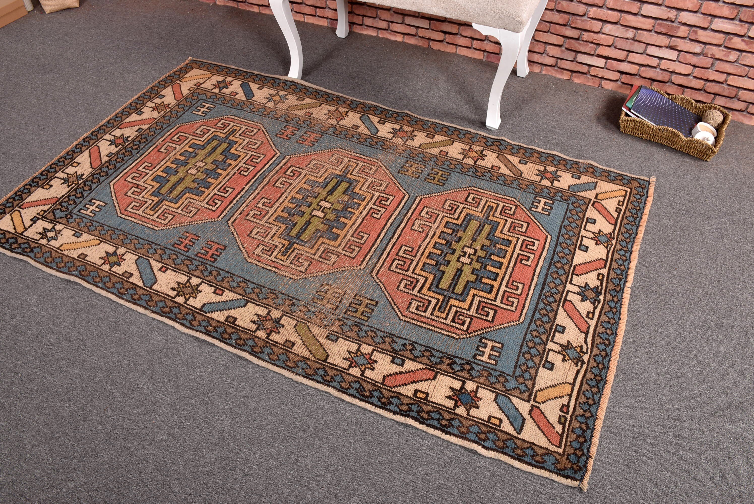 El Yapımı Halı, Vintage Halı, Vintage Vurgulu Halı, Yer Halıları, Türk Halıları, 3.7x6.2 ft Vurgulu Halı, Mutfak Halıları, Boho Halı, Mavi Ev Dekor Halısı