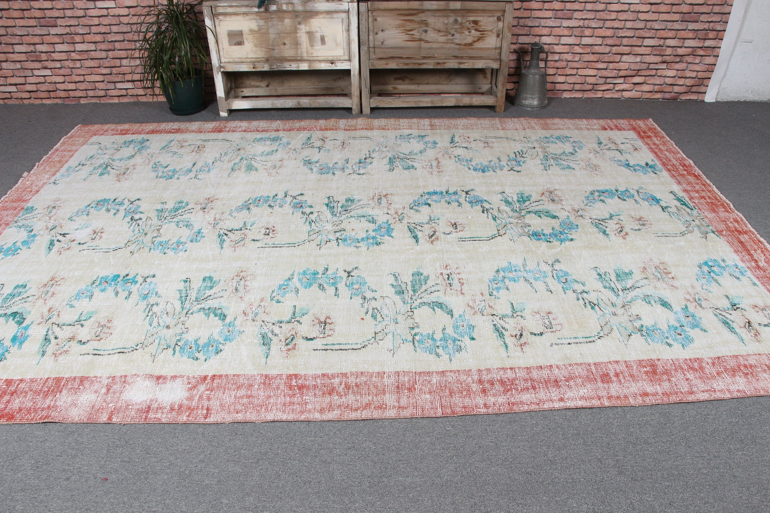 Türk Halıları, Bej Yün Halı, Vintage Halılar, Büyük Boy Türk Halısı, Oryantal Halılar, Oturma Odası Halısı, 6.8x10.5 ft Büyük Boy Halılar, Fas Halıları