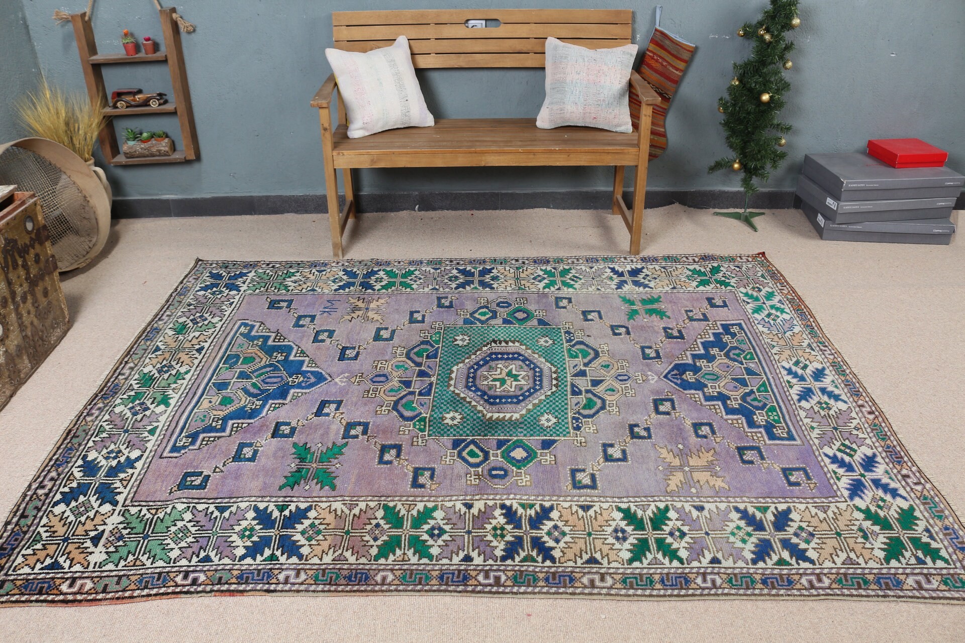 Yün Halı, Yemek Odası Halıları, Türk Halıları, Ev Dekorasyonu Halıları, Oturma Odası Halısı, 5.8x7.7 ft Büyük Halılar, Vintage Halı, Mor Anadolu Halıları