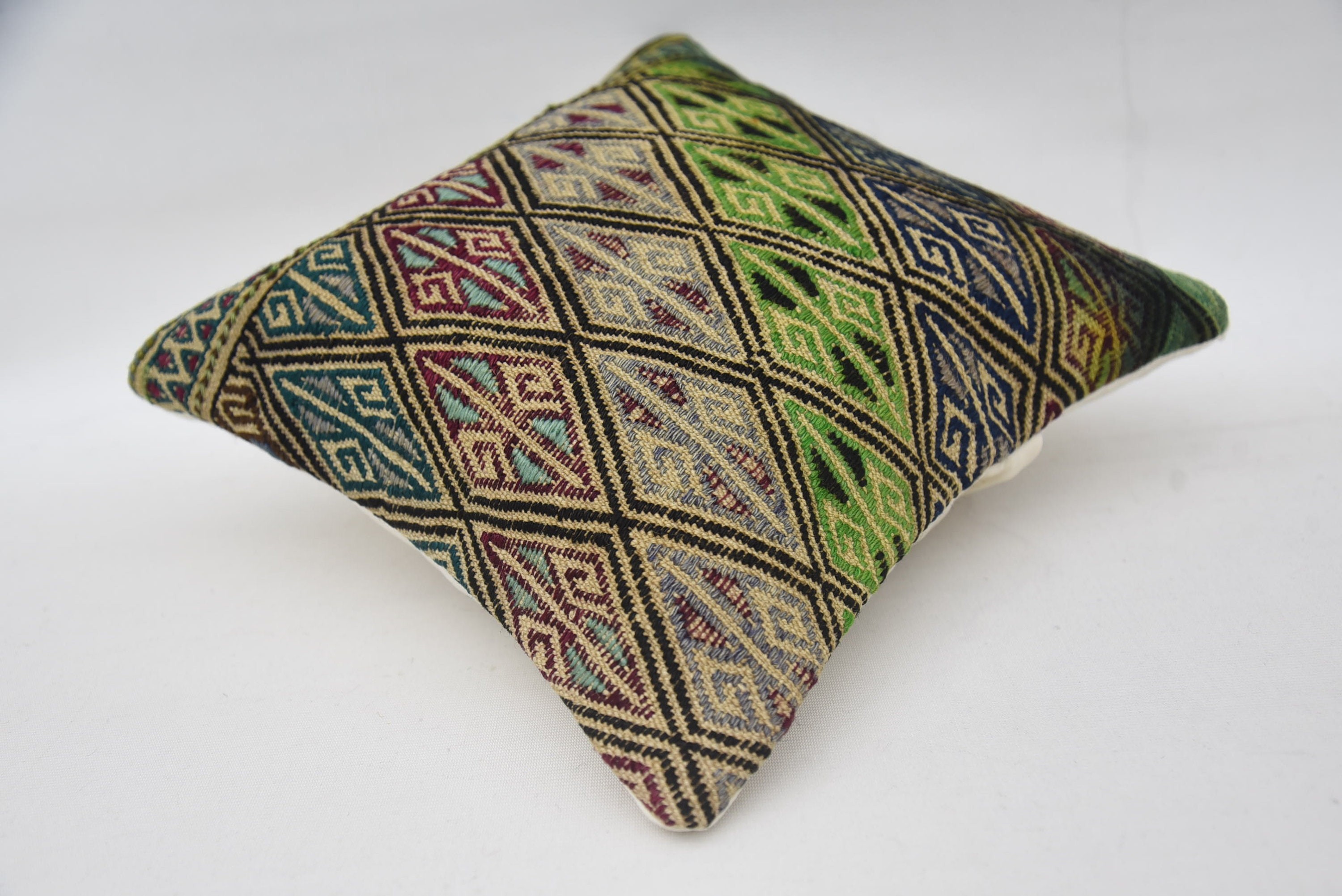 Gift Pillow, Kilim Pillow Cover, Ethnic Pillow Case, Office Chair Pillow Sham, Turkish Pillow, 12"x12" Green Cushion Case