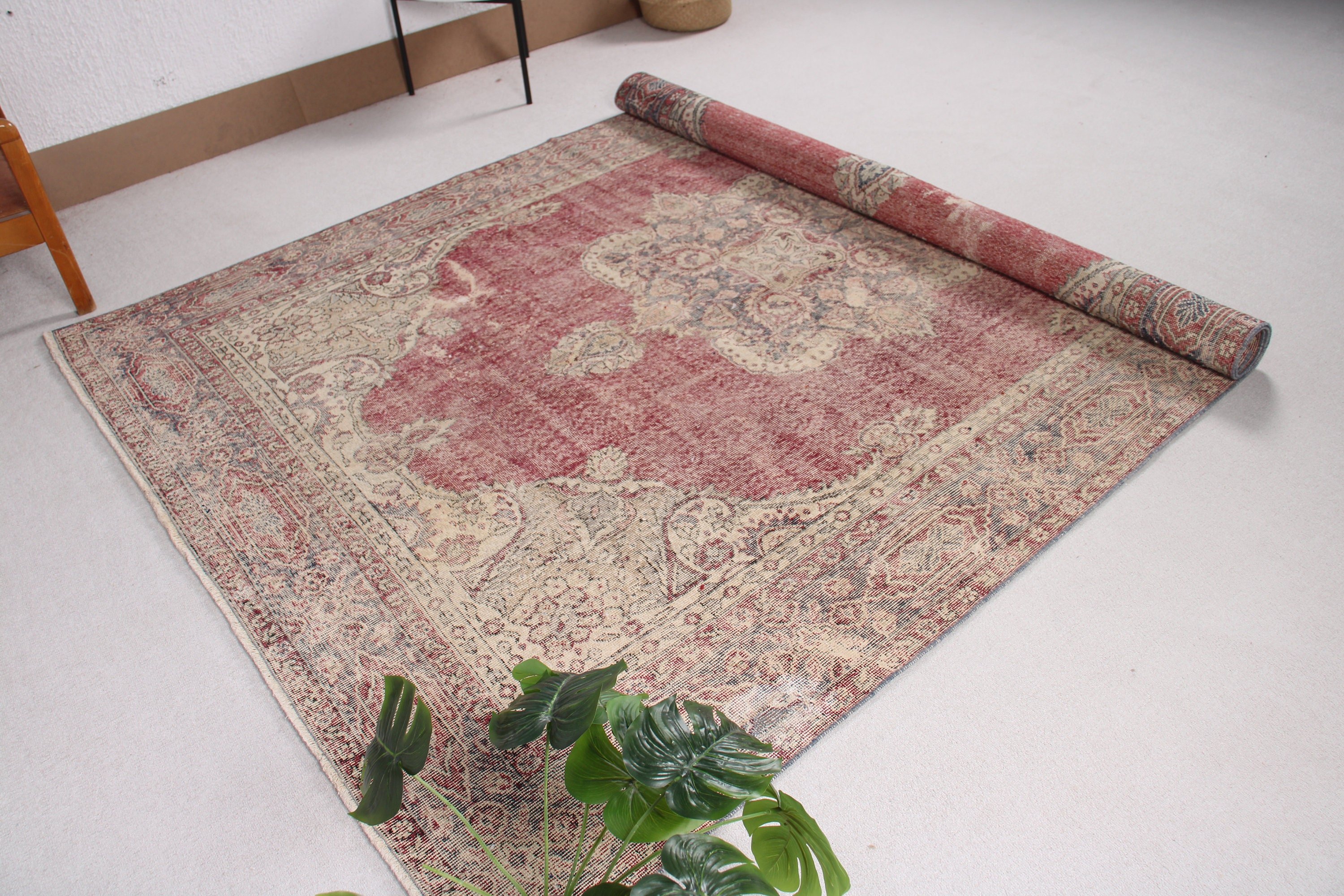 Ev Dekorasyonu Halıları, 6.5x9.5 ft Büyük Halı, Türk Halıları, Kırmızı El Dokuma Halılar, Vintage Halılar, Büyük Oushak Halıları, Oturma Odası Halısı