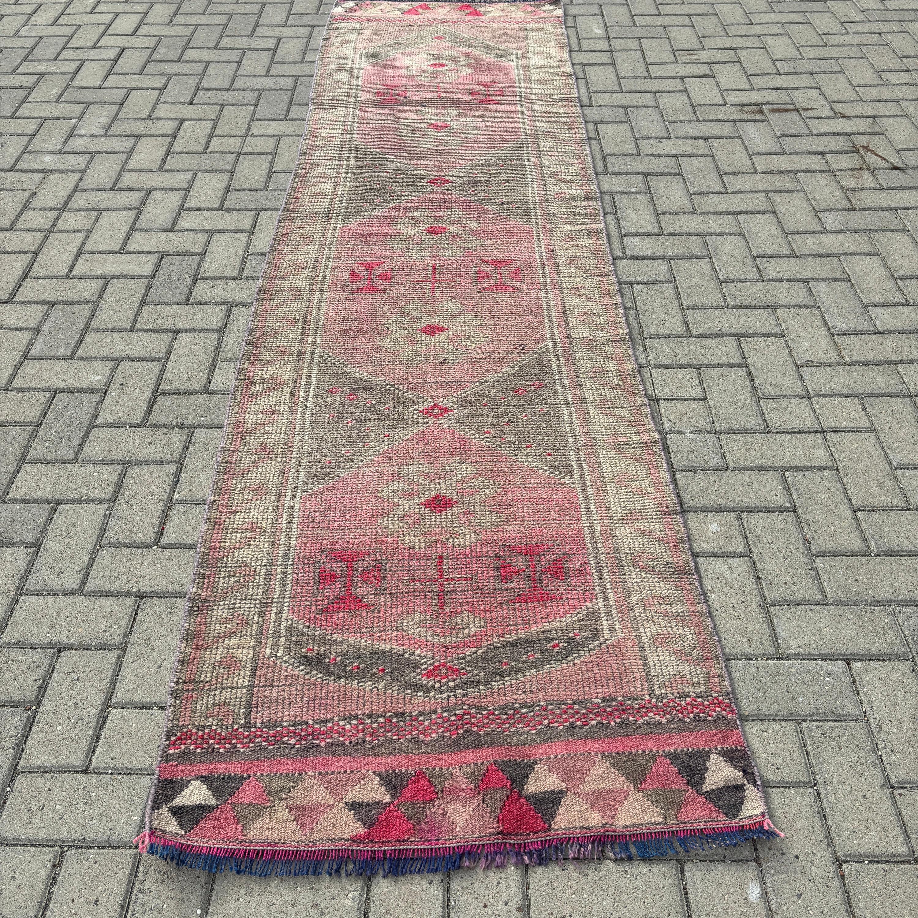 Vintage Halı, 2.7x10.1 ft Runner Halıları, Koridor Halısı, Geometrik Halı, Havalı Halı, Türk Halıları, Yeşil Modern Halılar, Beni Ourain Runner için Halılar