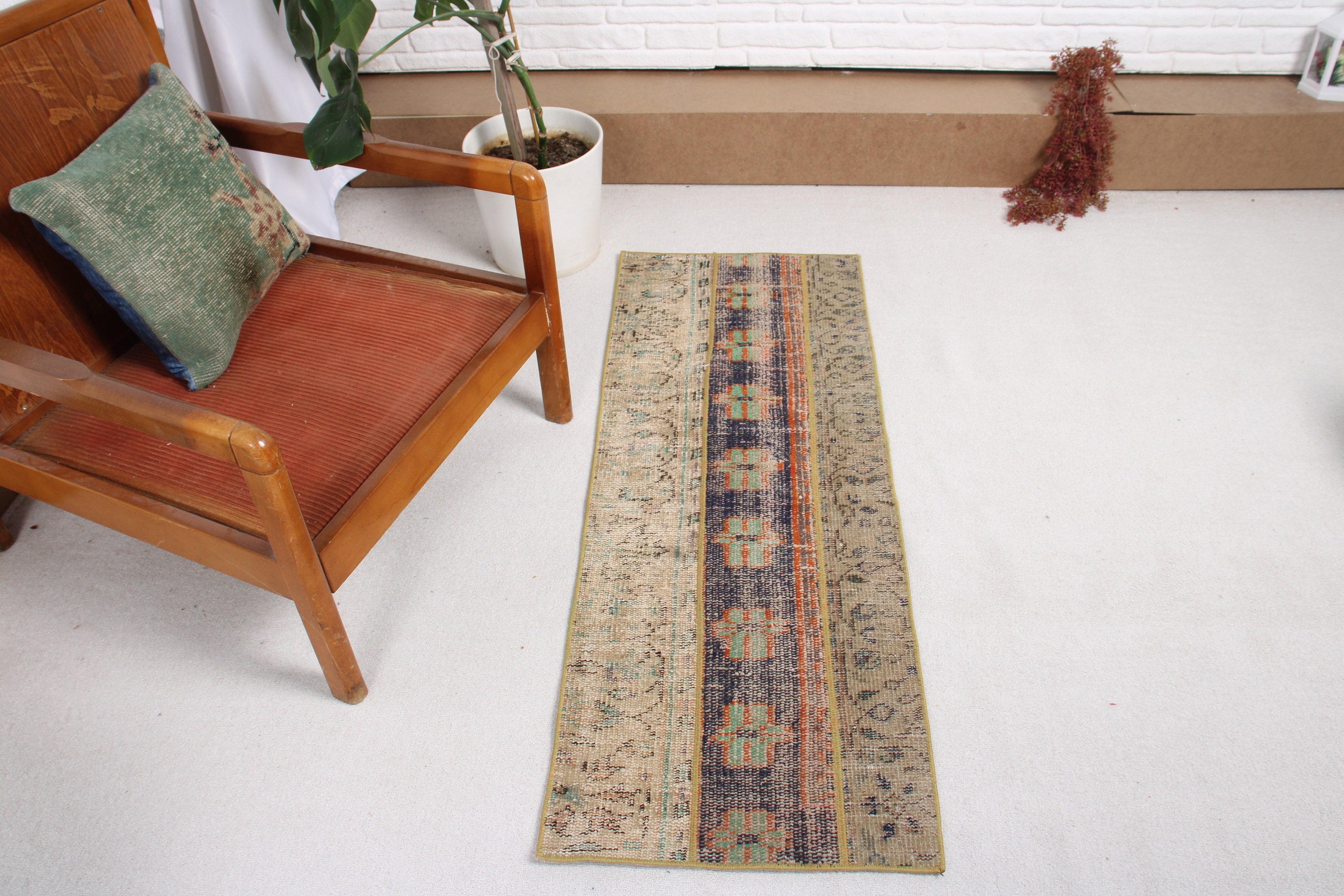 1.6x4.4 ft Küçük Halı, Yeşil Modern Halı, Vintage Halı, Türk Halıları, Küçük Boho Halıları, Modern Halılar, Küçük Vintage Halılar, Açıklama Halıları