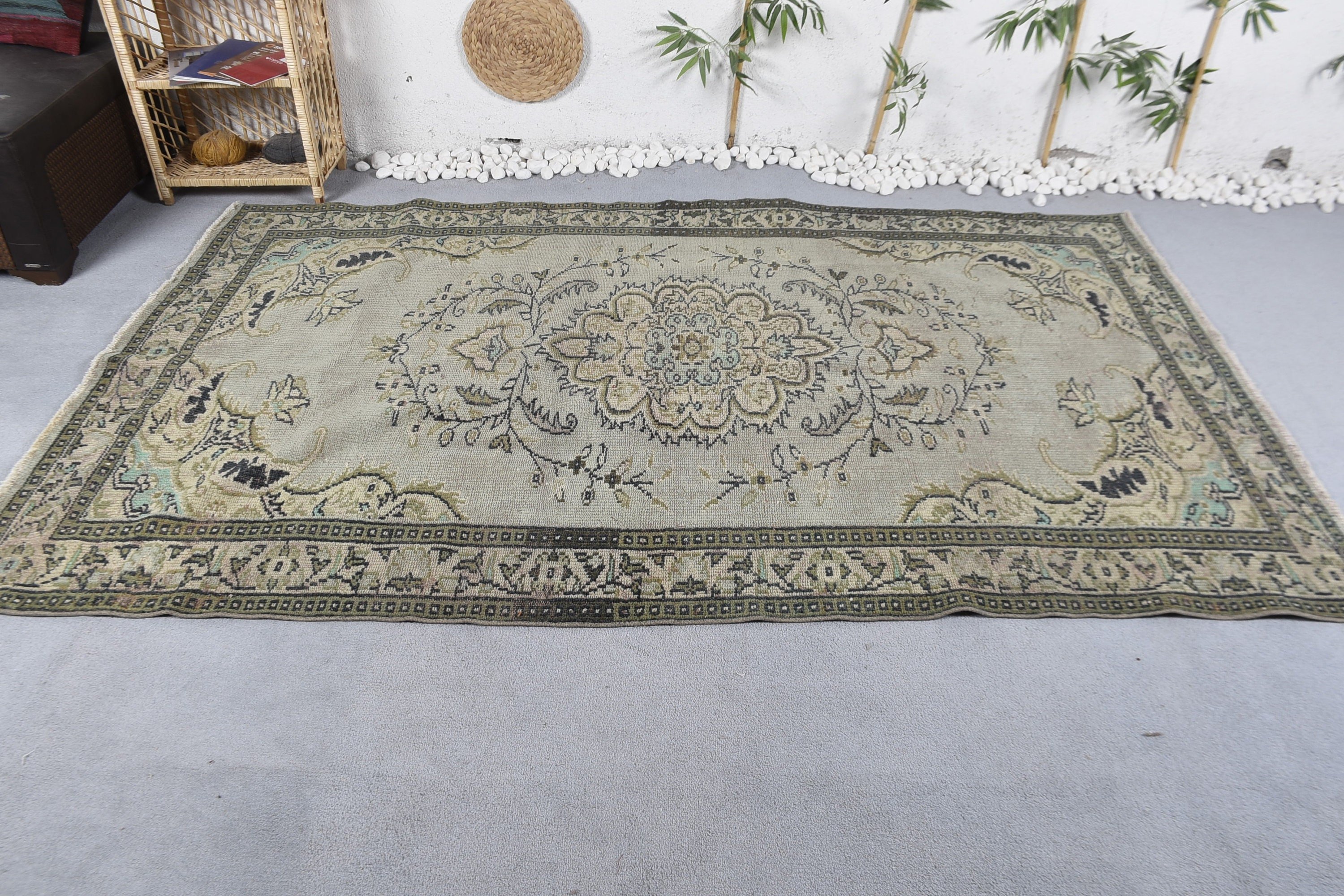 Antika Halı, Oturma Odası Halısı, 5.4x8.7 ft Büyük Halı, Yeşil Antika Halı, Oushak Halı, Vintage Halılar, Yemek Odası Halısı, Türk Halısı, Aztek Halısı