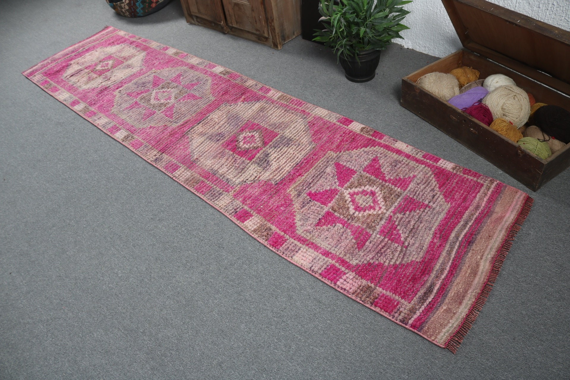 Pink Statement Rug, Vintage Rugs, Turkish Rugs, Turkey Rugs, Beni Ourain Runner Rugs, Wool Rug, 2.4x9.8 ft Runner Rugs, Flatweave Rugs