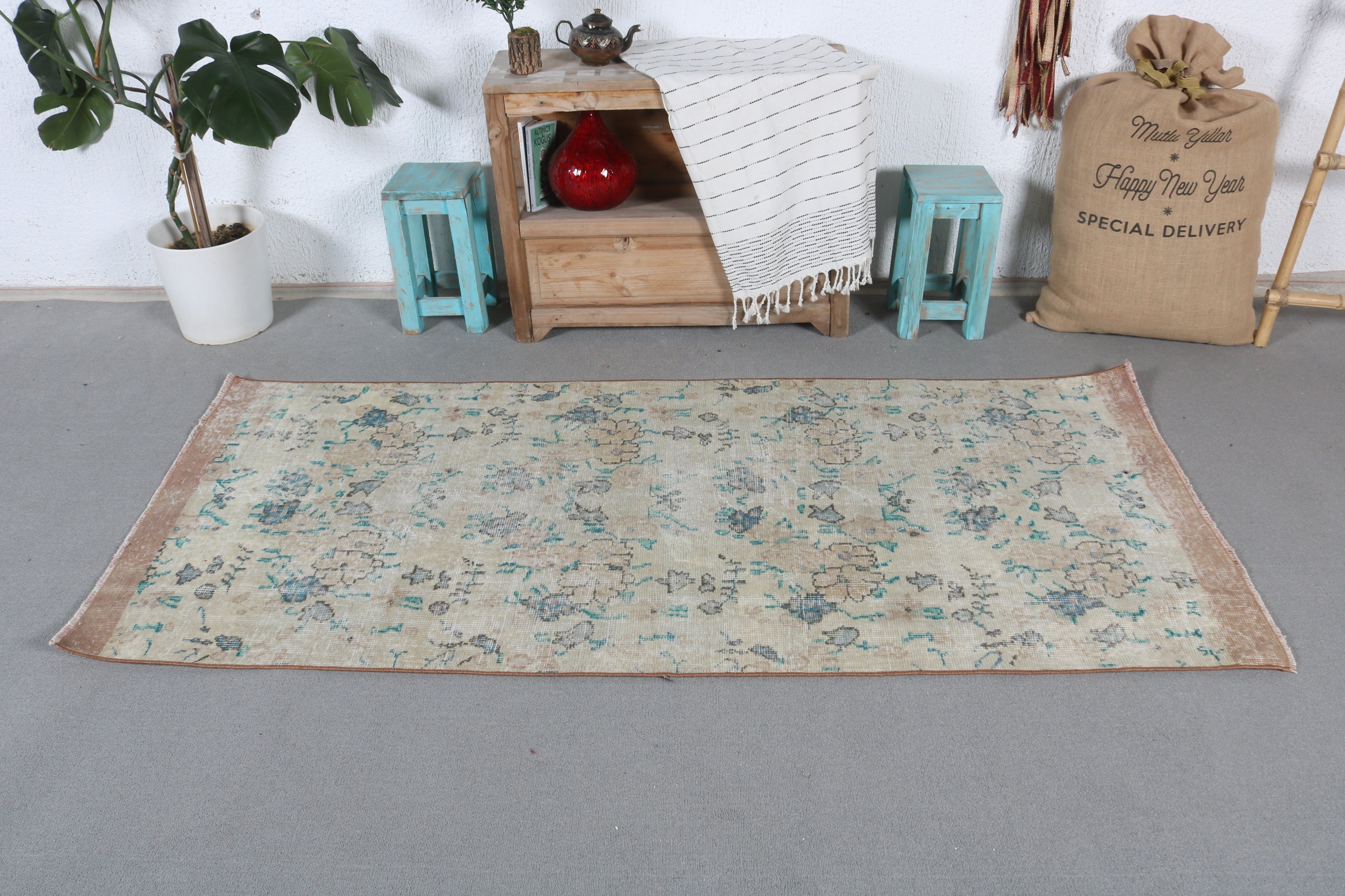 Entry Rug, Oriental Rug, Nursery Rug, Vintage Rug, Turkish Rug, Green Floor Rug, 3x6.8 ft Accent Rugs, Rugs for Entry