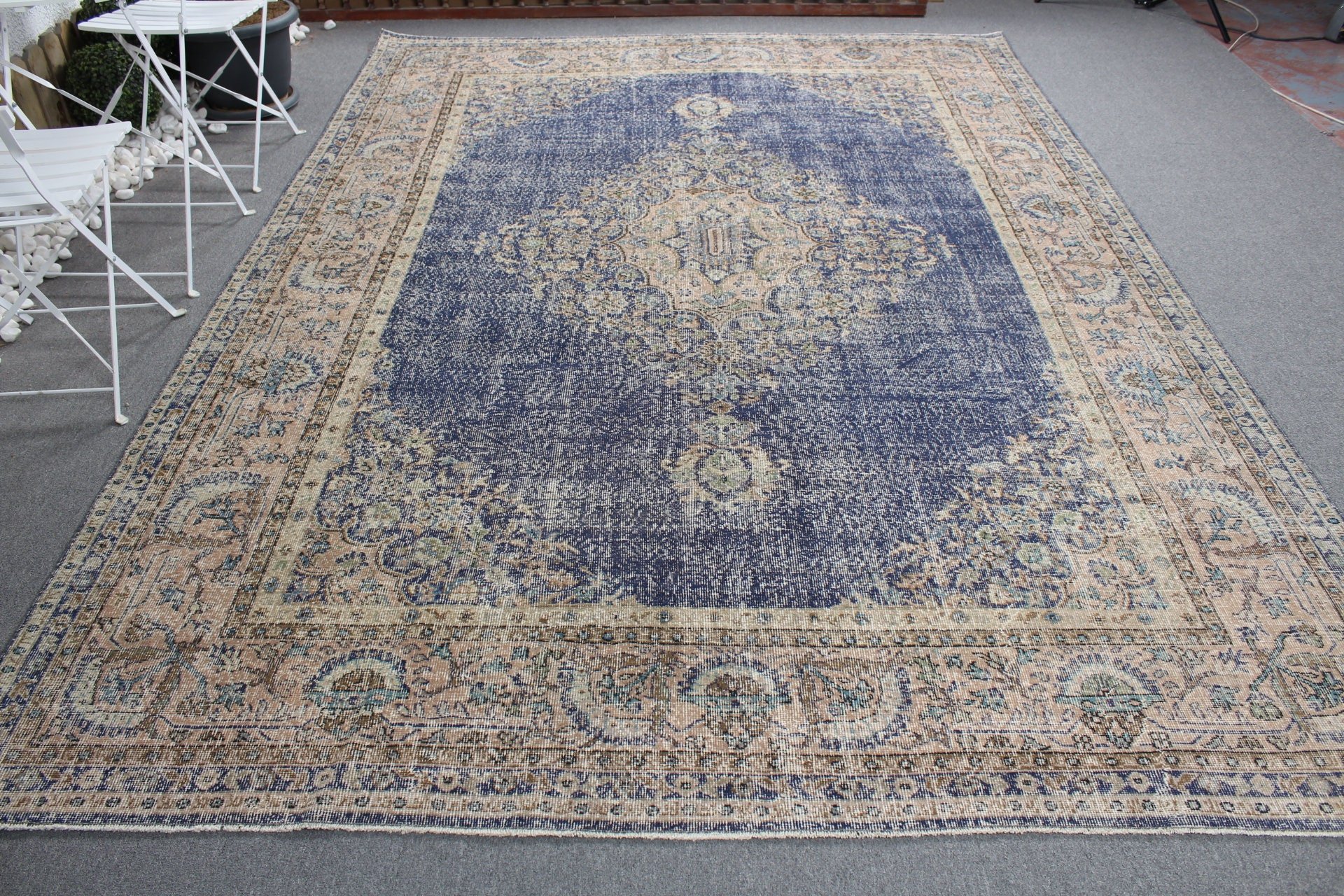 Mavi Mutfak Halısı, Oturma Odası Halısı, Türk Halıları, Ofis Halısı, Oushak Halısı, Vintage Halılar, 7.8x10.9 ft Büyük Boy Halılar, Salon Halısı