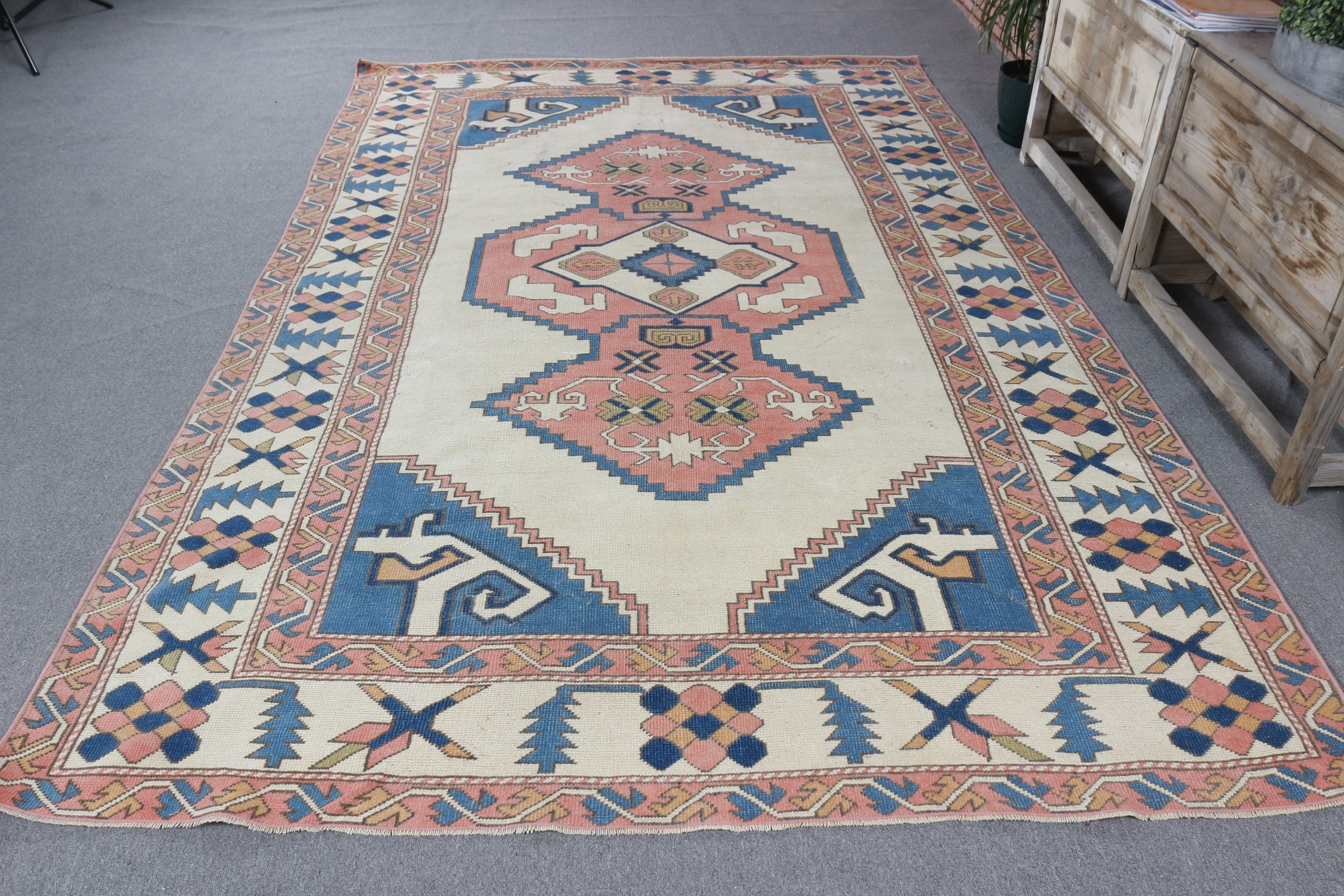 Aztec Rugs, Turkish Rug, Dining Room Rug, Geometric Rugs, Vintage Rug, 6.4x10 ft Large Rug, Floor Rug, Blue Flatweave Rugs, Large Boho Rugs