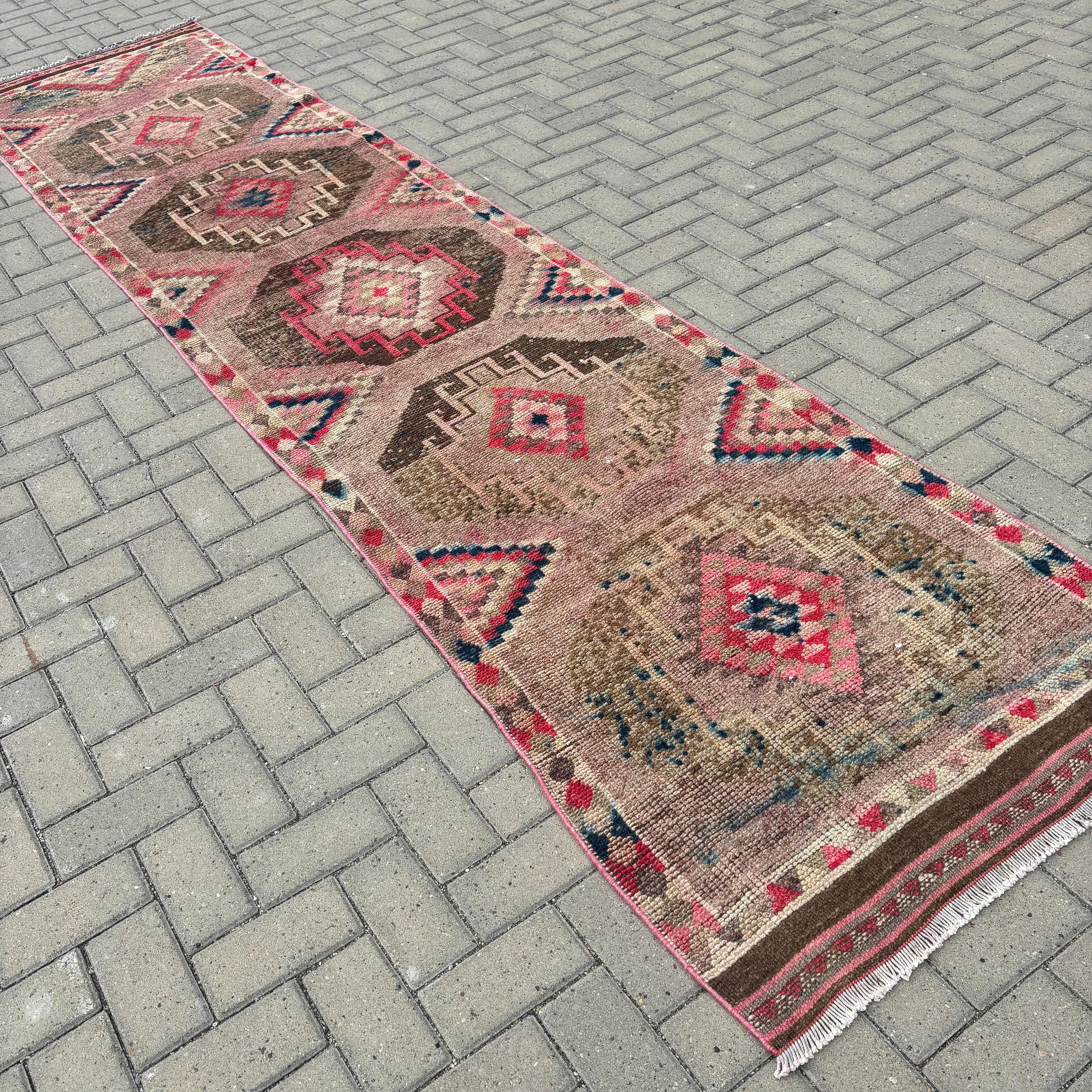 Vintage Halılar, Vintage Yolluk Halısı, Kahverengi Mutfak Halıları, Türk Halısı, 2.9x12.6 ft Yolluk Halısı, Merdiven Yolluk Halısı, El Dokuma Halı, Modern Halı