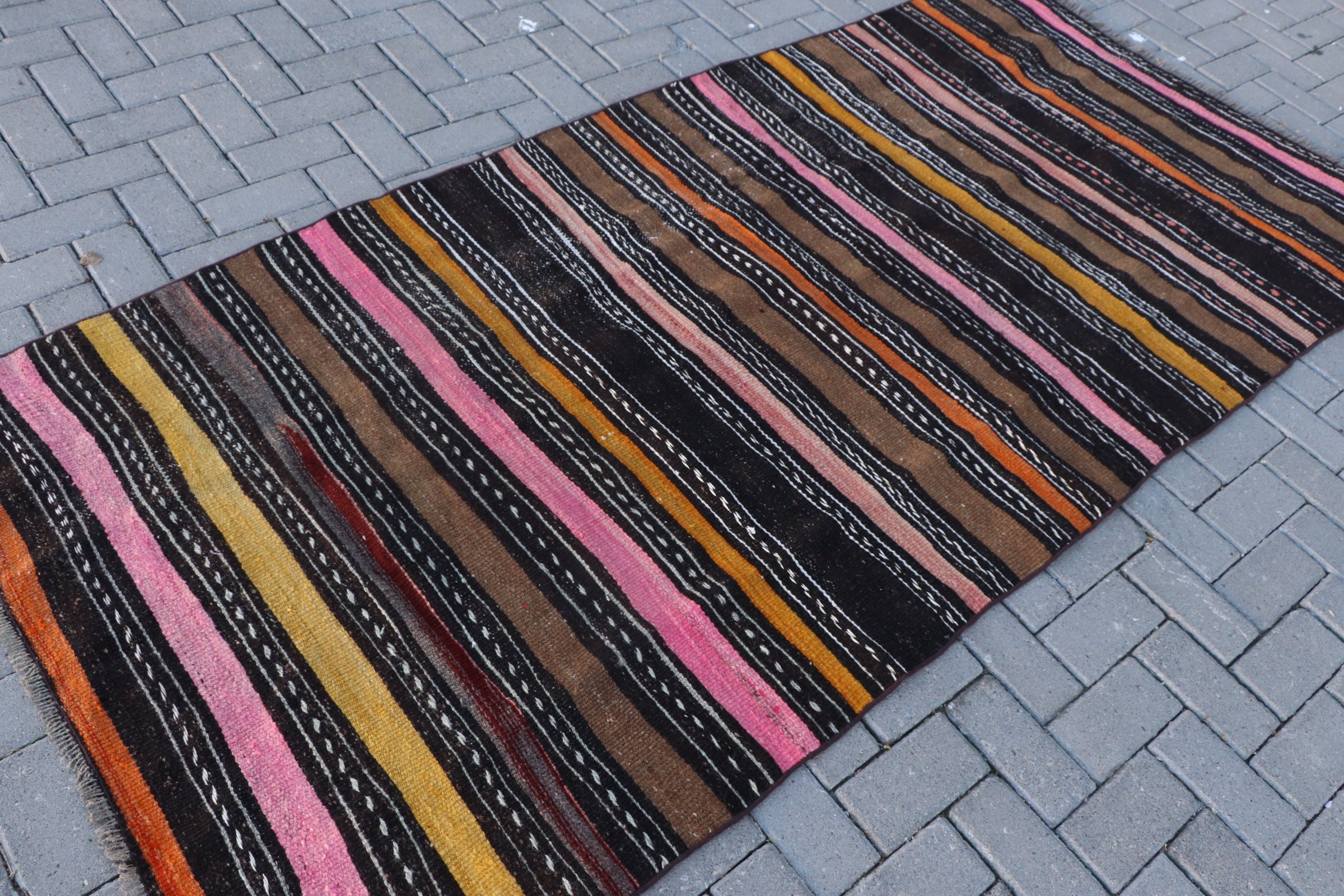 Turkish Rug, Indoor Rugs, Floor Rugs, Kilim, Oriental Rug, Retro Rug, Black  4x8.5 ft Area Rug, Vintage Rug