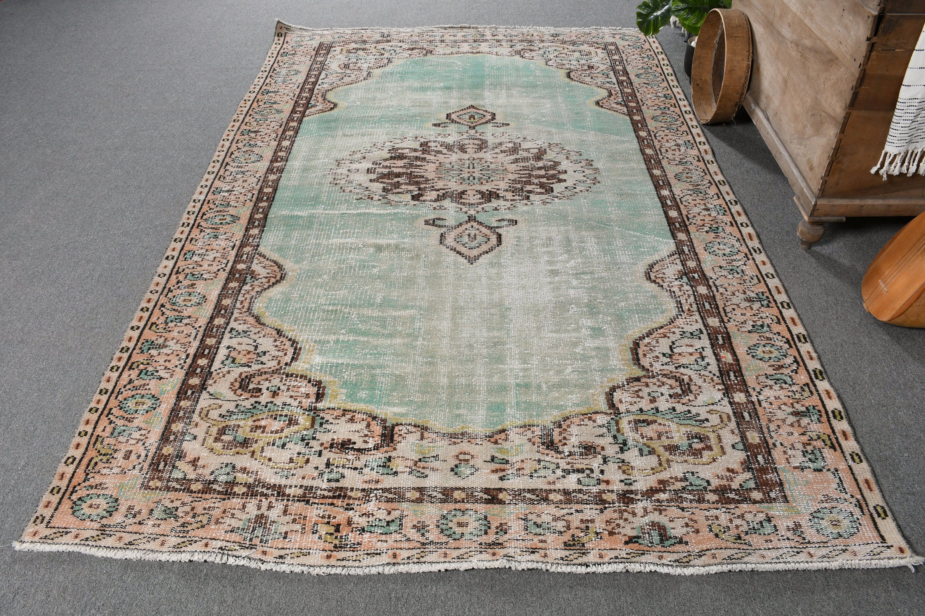 Fas Halısı, Vintage Halı, Yeşil Anadolu Halısı, Anadolu Halısı, Türk Halısı, Oturma Odası Halısı, Yemek Odası Halısı, 5.6x8.8 ft Büyük Halılar