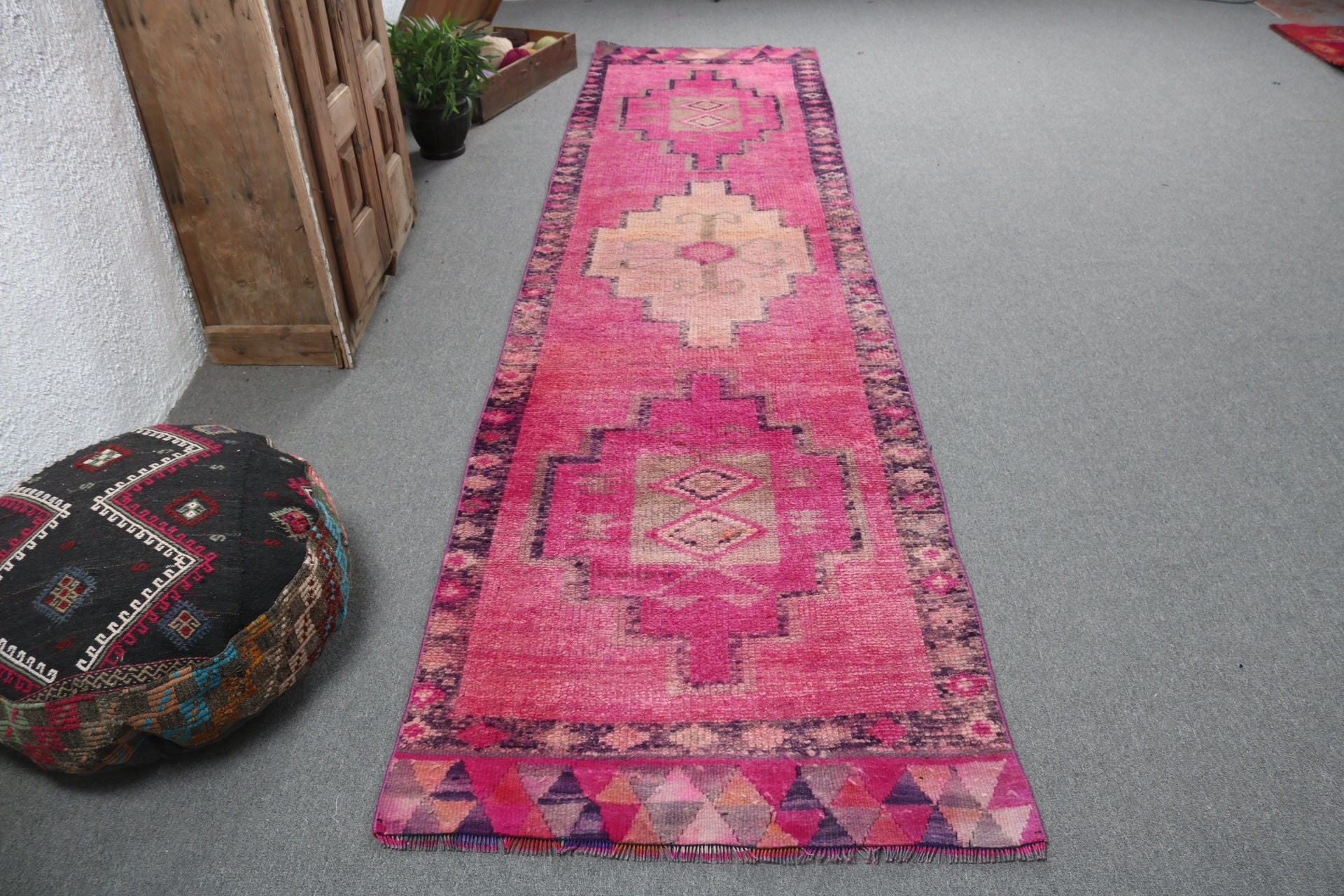 Vintage Rug, Decorative Rugs, 3.2x12.7 ft Runner Rug, Rugs for Stair, Turkish Rugs, Pink Statement Rug, Anatolian Rug, Stair Rug, Wool Rug