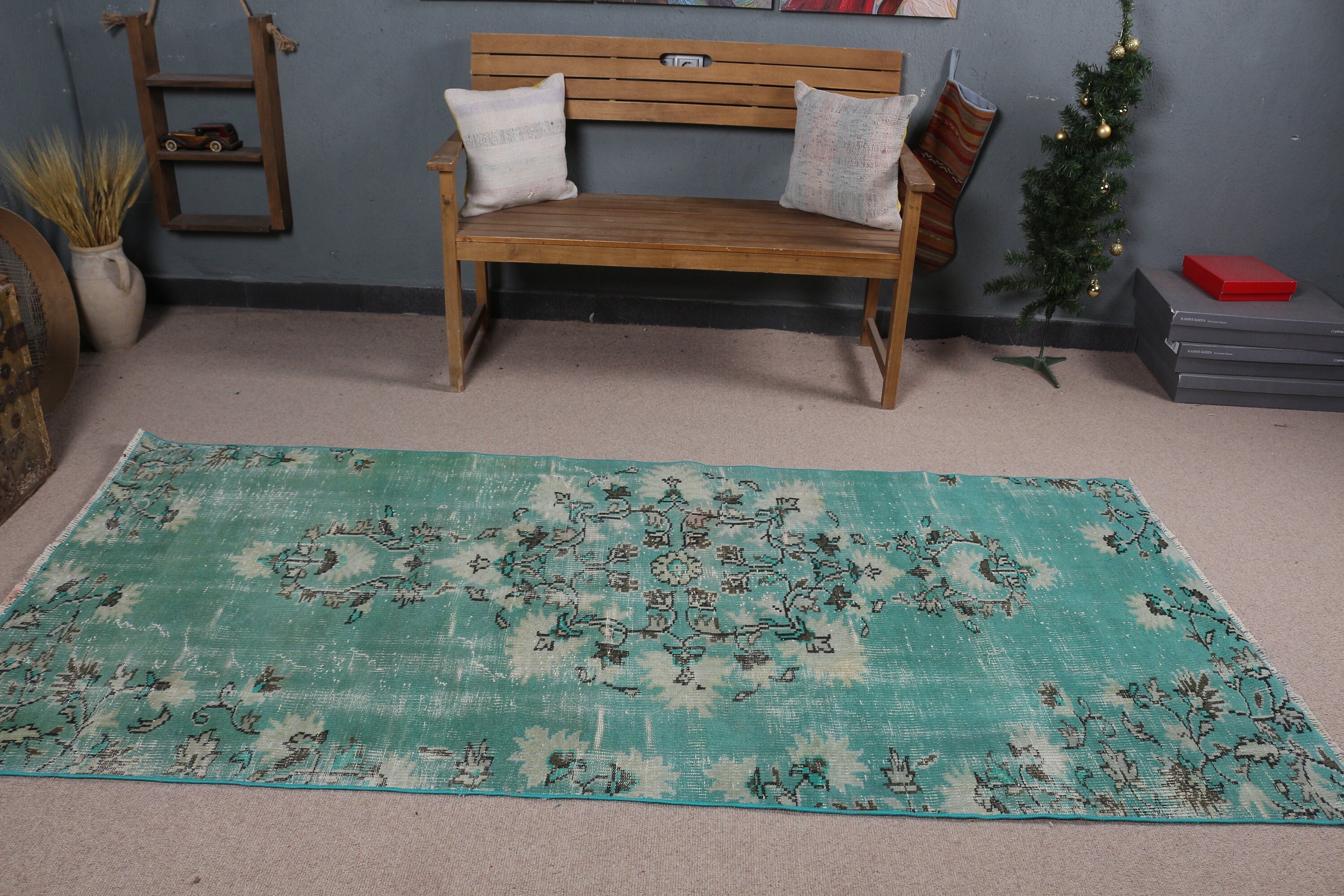 Floor Rug, Rugs for Living Room, Moroccan Rug, Indoor Rug, Vintage Rug, Bedroom Rugs, Turkish Rug, 3.7x8.2 ft Area Rug, Green Kitchen Rug