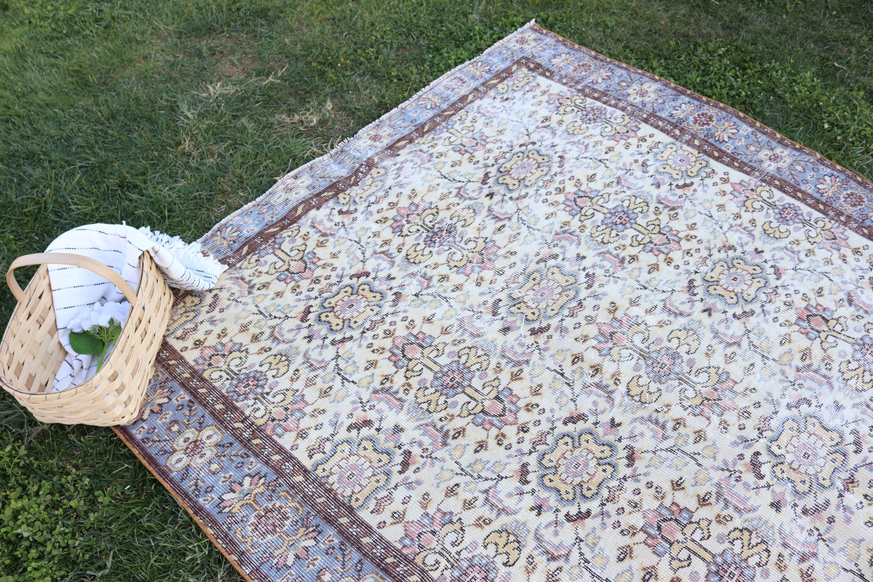 Bej Anadolu Halısı, Vintage Halı, Büyük Oushak Halıları, Büyük Boho Halısı, 5,8x9,2 ft Büyük Halıları, Türk Halısı, Fas Halısı, Havalı Halılar, Aztek Halısı