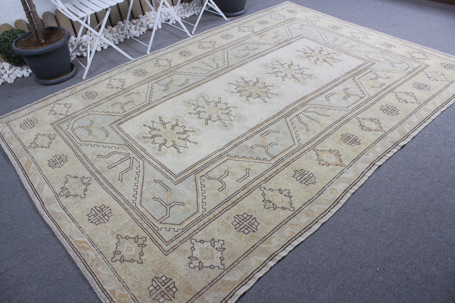 Salon Halıları, Bej Oushak Halı, Türk Halısı, Sessiz Halılar, Yemek Odası Halısı, Yatak Odası Halıları, Vintage Halı, 6,5x9,4 ft Büyük Halı