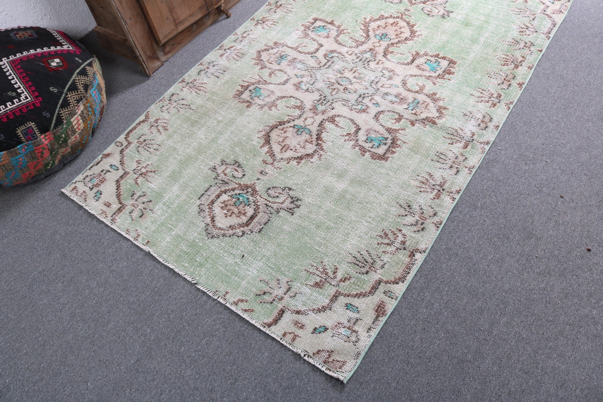 Exotic Rug, Turkish Rugs, Oushak Rugs, Green Oushak Rug, Nursery Rugs, Vintage Rug, Oriental Rug, 3.7x5.6 ft Accent Rugs, Kitchen Rugs