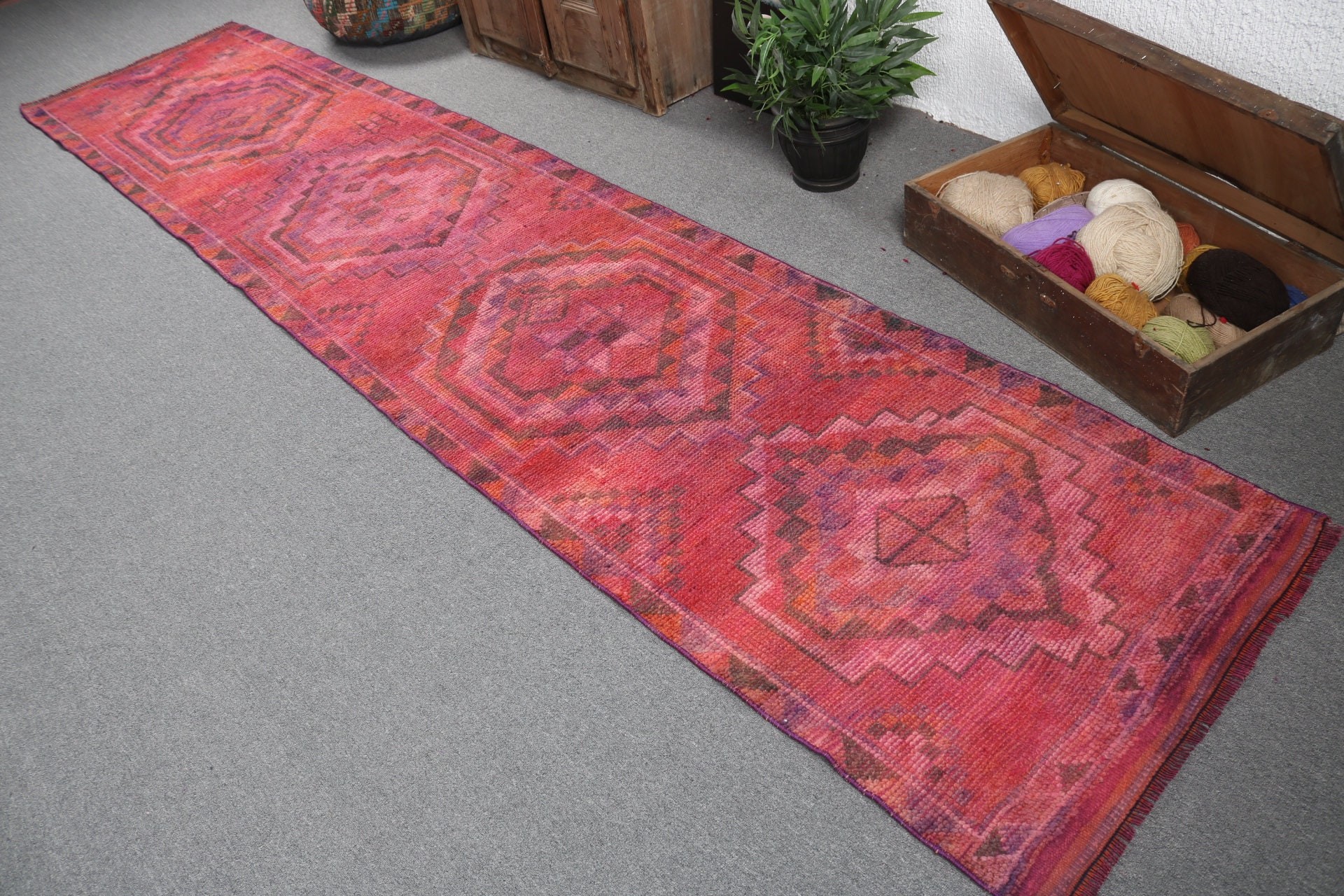 2.7x12.8 ft Runner Rugs, Stair Rug, Floor Rugs, Turkish Rugs, Kitchen Rugs, Rugs for Runner, Vintage Rugs, Pink Wool Rugs