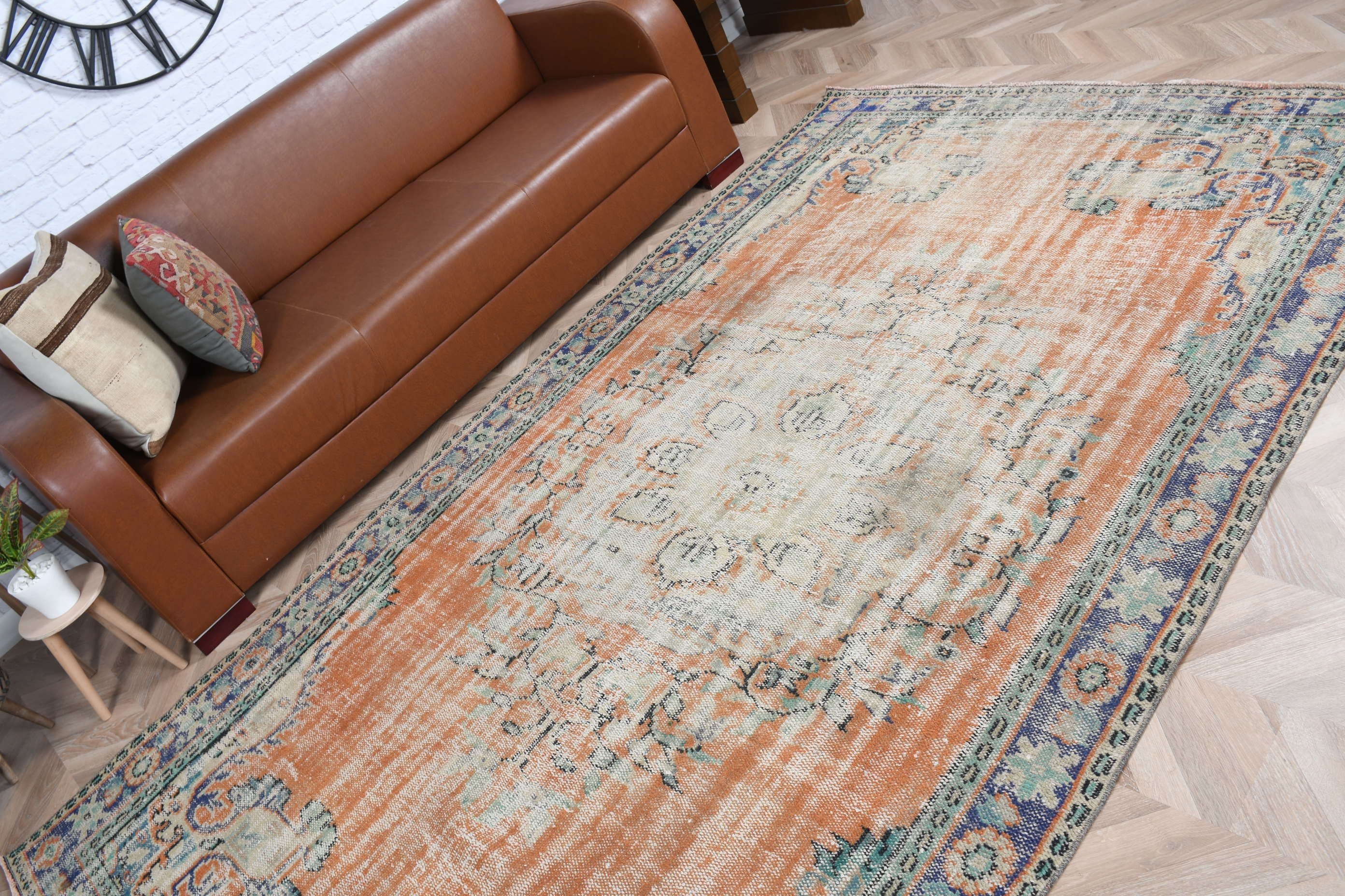 Turkish Rugs, Orange Antique Rugs, Distressed Rug, Vintage Rug, Floor Rug, Salon Rug, Bedroom Rug, 5.6x9.5 ft Large Rugs