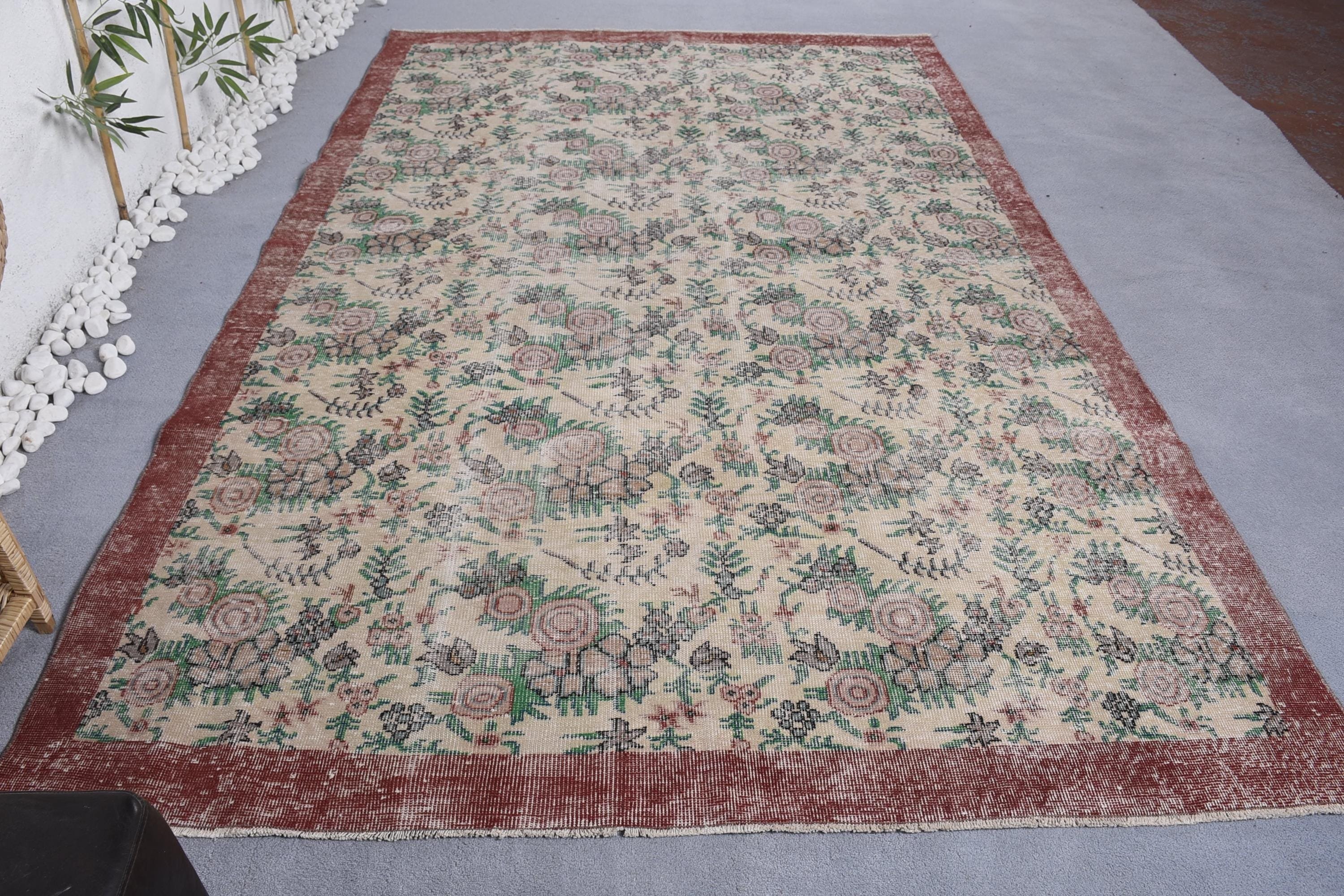 6.4x10.1 ft Büyük Halılar, Yün Halılar, Türk Halısı, Ev Dekor Halıları, Oturma Odası Halısı, Büyük Oushak Halıları, Bej El Dokuma Halı, Vintage Halılar