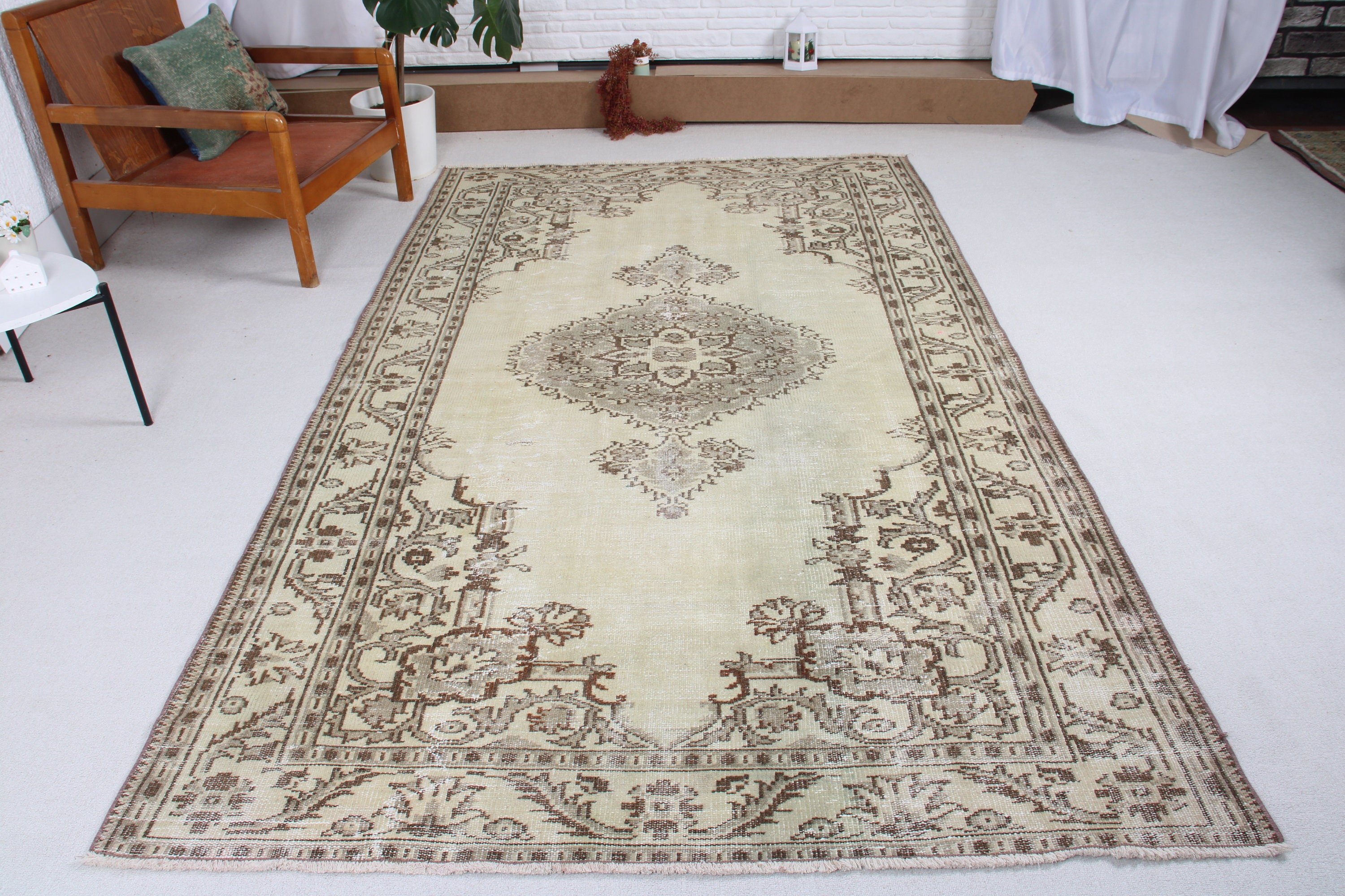 Yemek Odası Halıları, Salon Halısı, Bej El Dokuma Halısı, Türk Halısı, 5.5x8.9 ft Büyük Halı, Vintage Halılar, Düz Dokuma Halı, Dış Mekan Halısı, Yatak Odası Halısı