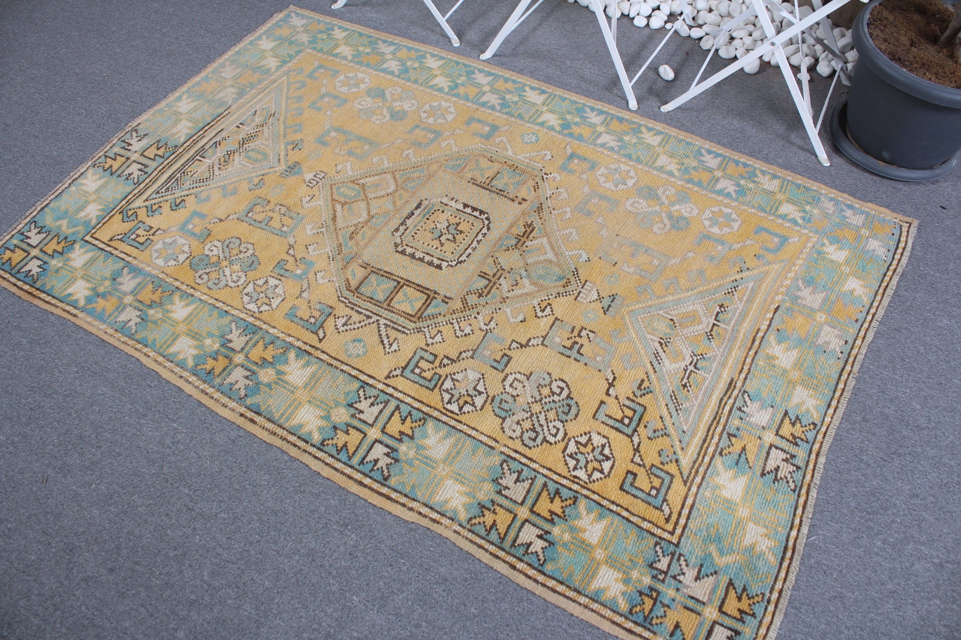 Yellow Floor Rug, Turkish Rug, Vintage Rug, 3.9x5.7 ft Accent Rug, Moroccan Rug, Nursery Rug, Muted Rug, Kitchen Rugs, Rugs for Kitchen