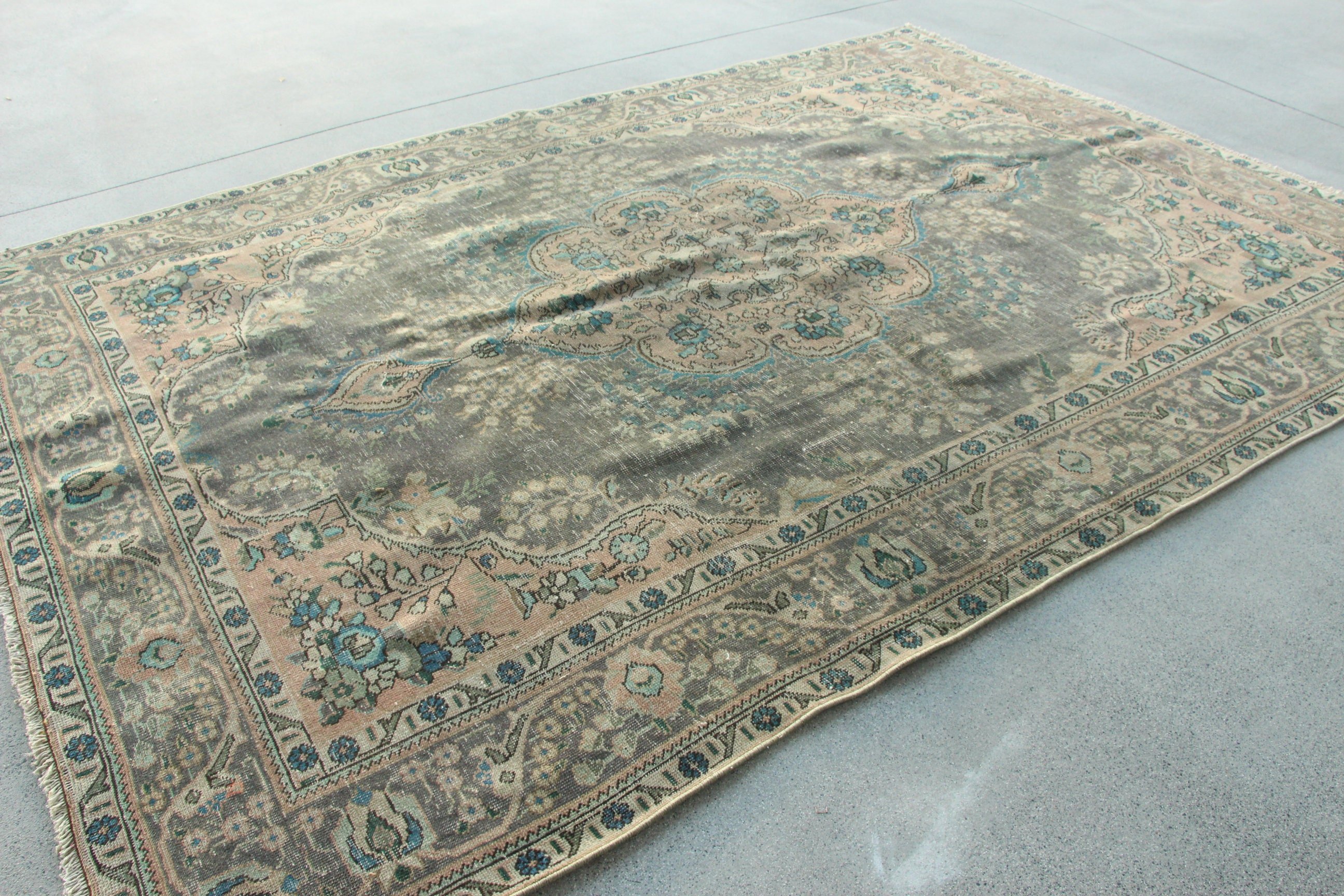 Moroccan Rugs, Large Boho Rug, Large Oushak Rugs, Turkish Rug, 6.6x9.5 ft Large Rug, Green Neutral Rug, Vintage Rugs, Kitchen Rug