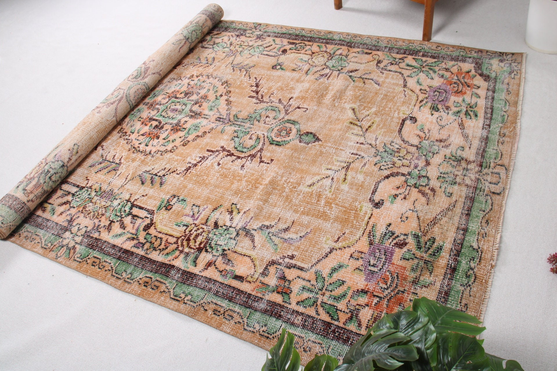 Turuncu Mutfak Halısı, Ev Dekorasyonu Halıları, Antika Halı, Büyük Oushak Halısı, 5.8x9.5 ft Büyük Halılar, Türk Halıları, Yemek Odası Halıları, Vintage Halılar