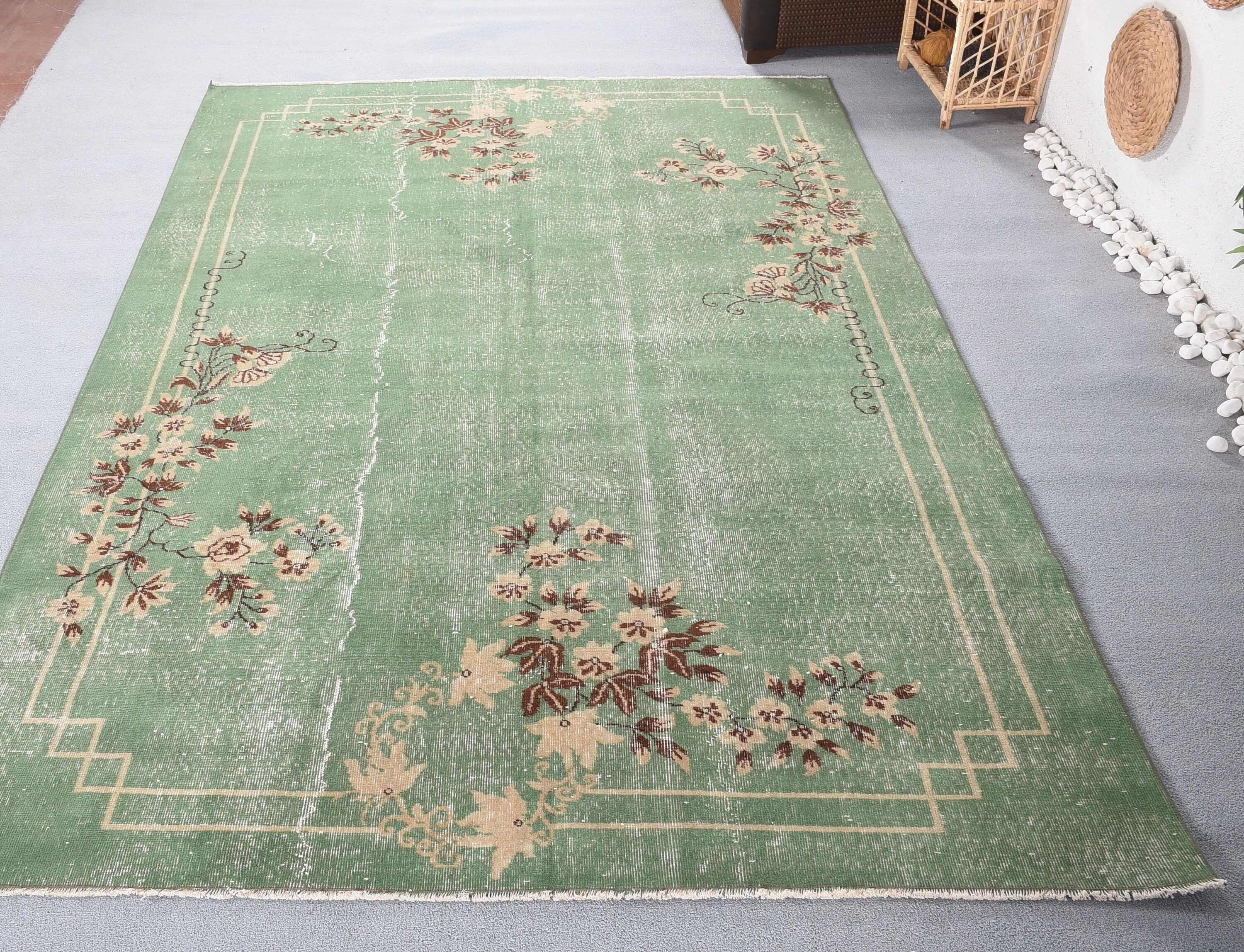 Turkish Rugs, Green Wool Rug, Living Room Rug, Vintage Rug, Bedroom Rugs, Cool Rug, Oriental Rug, 6.7x10 ft Large Rug, Decorative Rug