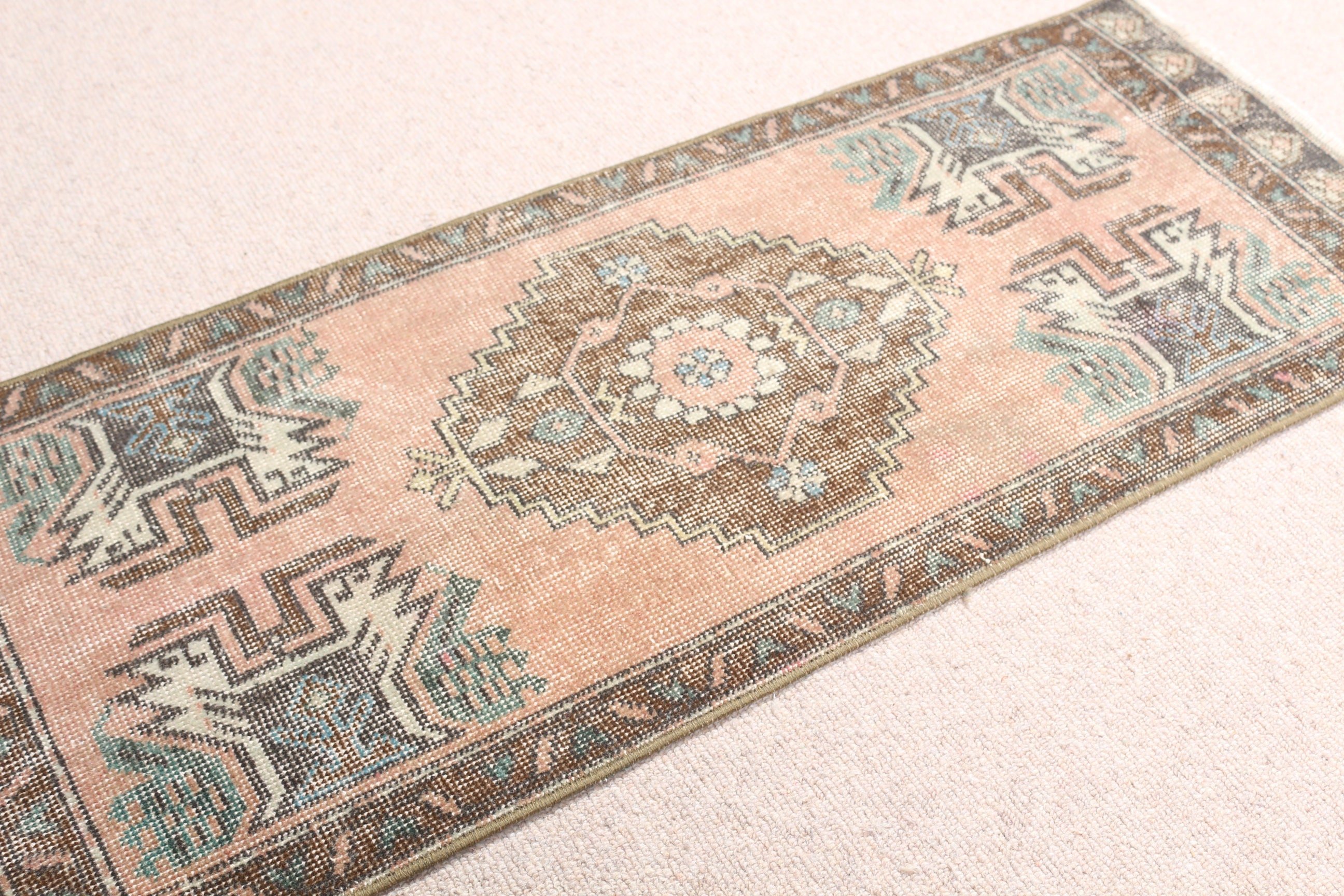 Rugs for Bath, Door Mat Rugs, Vintage Rug, 1.4x3.6 ft Small Rug, Bedroom Rug, Anatolian Rugs, Turkish Rug, Antique Rug, Pink Oriental Rug