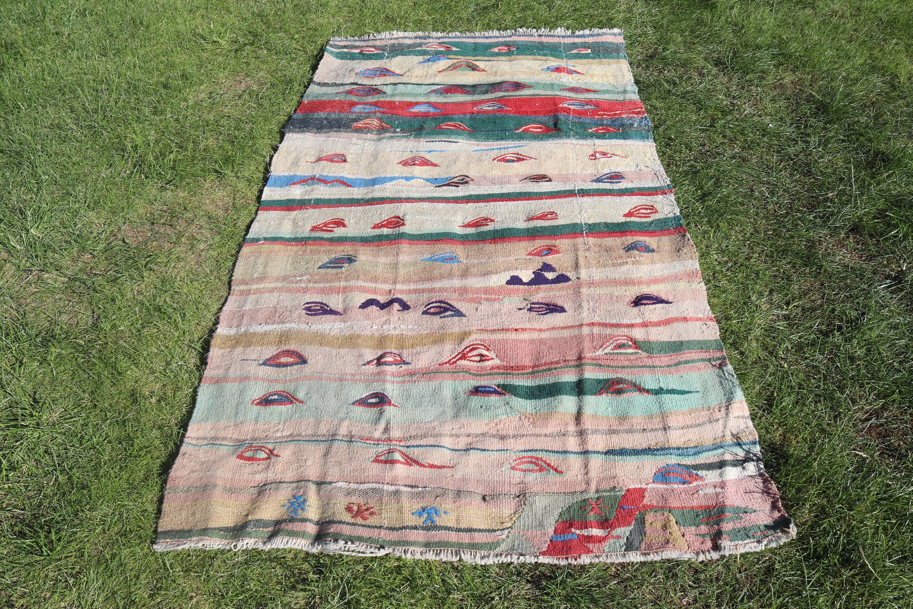 Dekoratif Halılar, Bej Antika Halı, 3,5x5,9 ft Vurgulu Halılar, Düz Dokuma Halı, Boho Vurgulu Halı, Vintage Halılar, Lüks Halılar, Türk Halıları