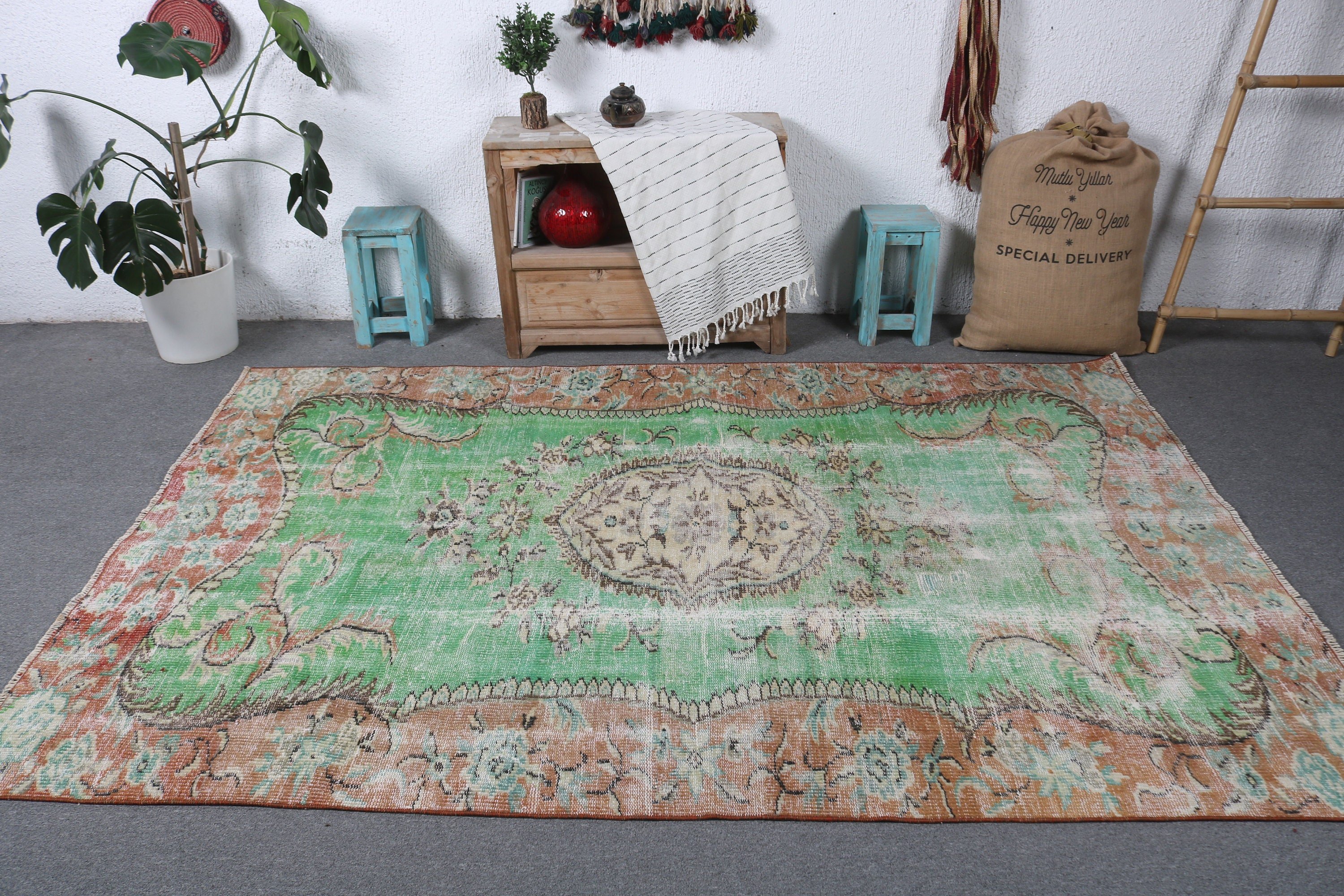 Yeşil Modern Halı, Oryantal Halı, Yemek Odası Halıları, Salon Halıları, Türk Halısı, Vintage Dekor Halıları, 5.3x8 ft Büyük Halı, Vintage Halı, Antika Halı