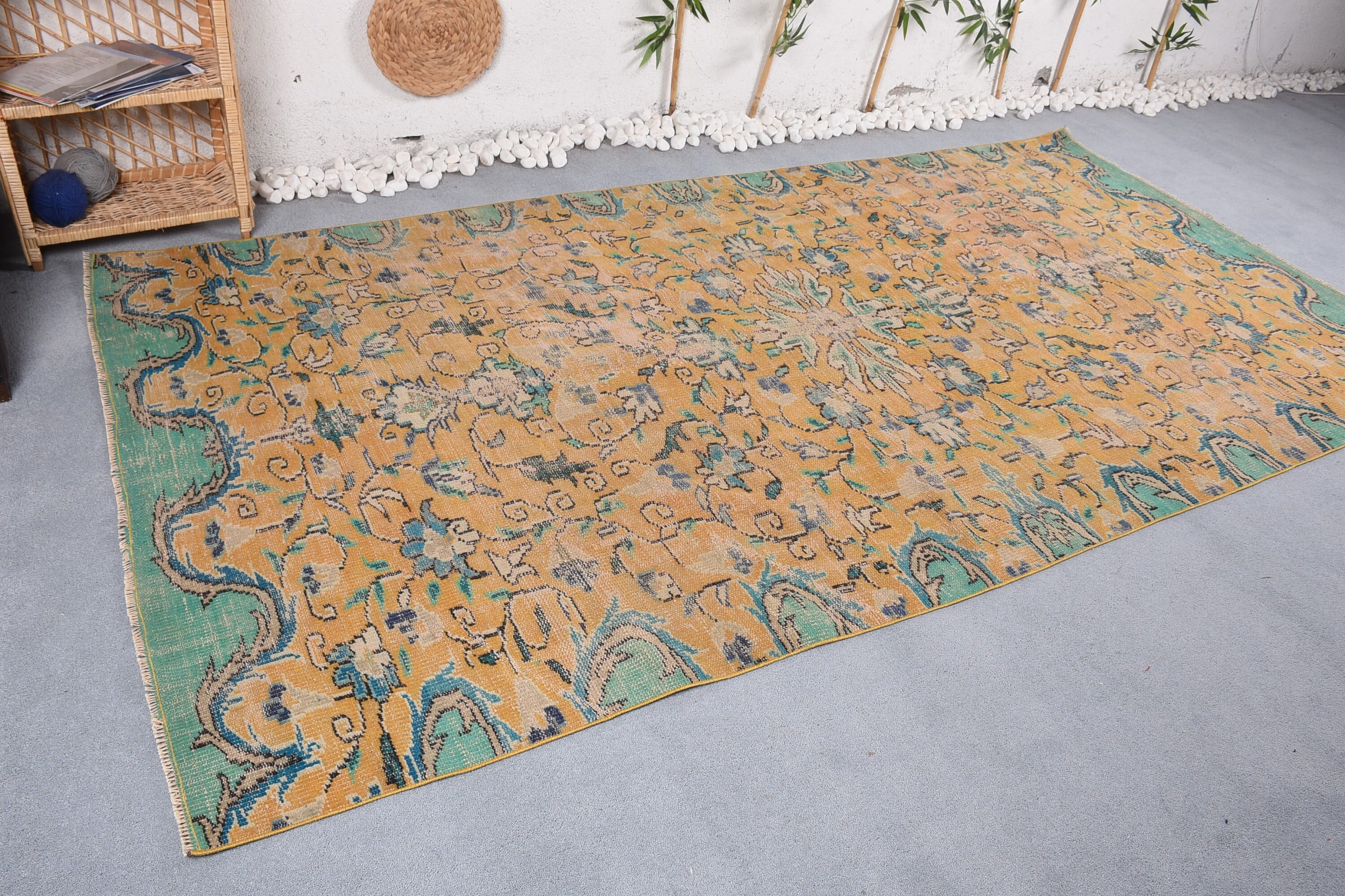 5.3x10.3 ft Large Rug, Yellow Floor Rug, Turkish Rugs, Vintage Rug, Bohemian Rug, Oriental Rug, Oushak Rug, Living Room Rug, Bedroom Rug