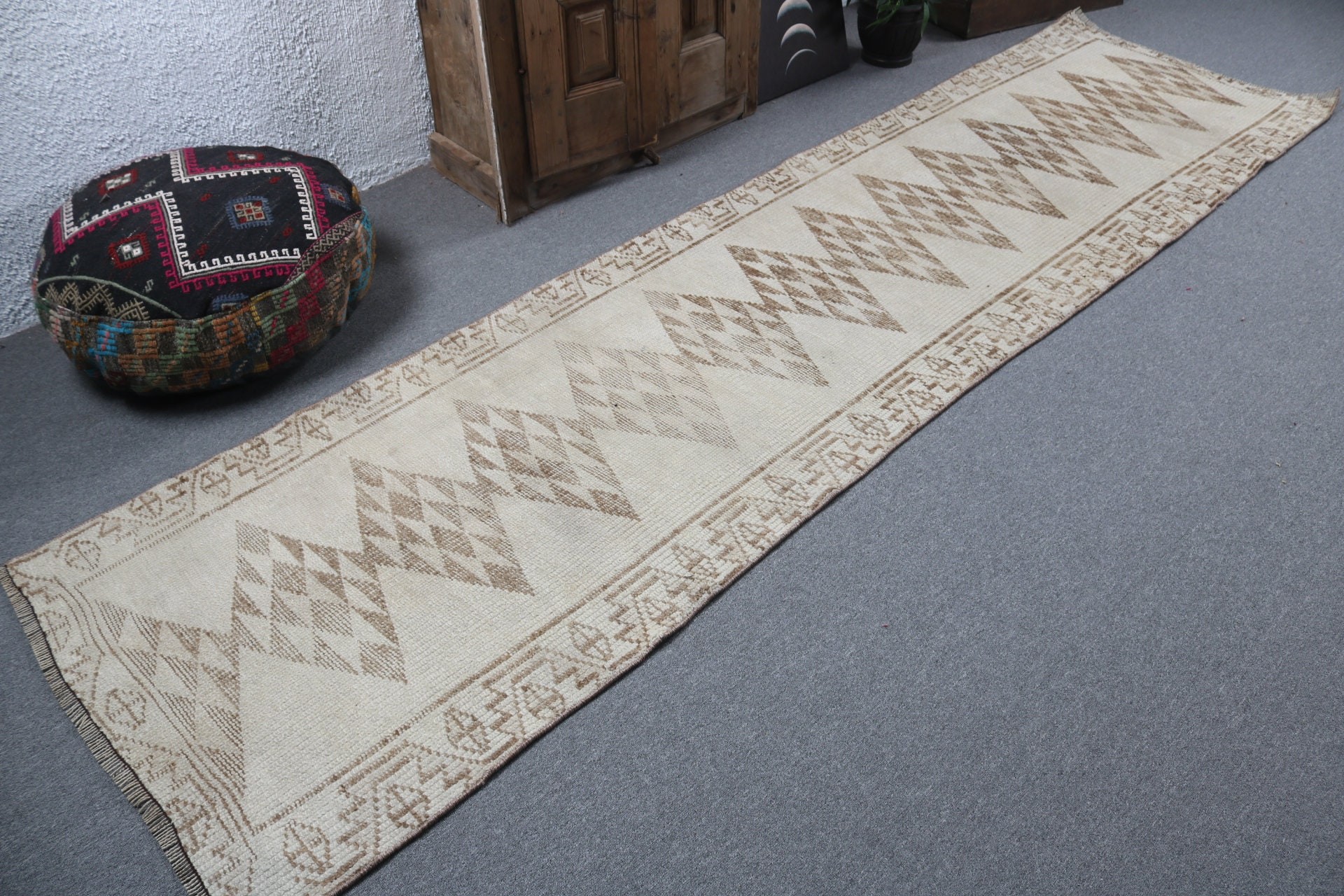 Türk Halısı, Uzun Koşucu Halıları, Bej Oushak Halısı, Vintage Runner Halısı, Vintage Halılar, 2.9x11.2 ft Runner Halısı, Antika Halılar, Harika Halılar