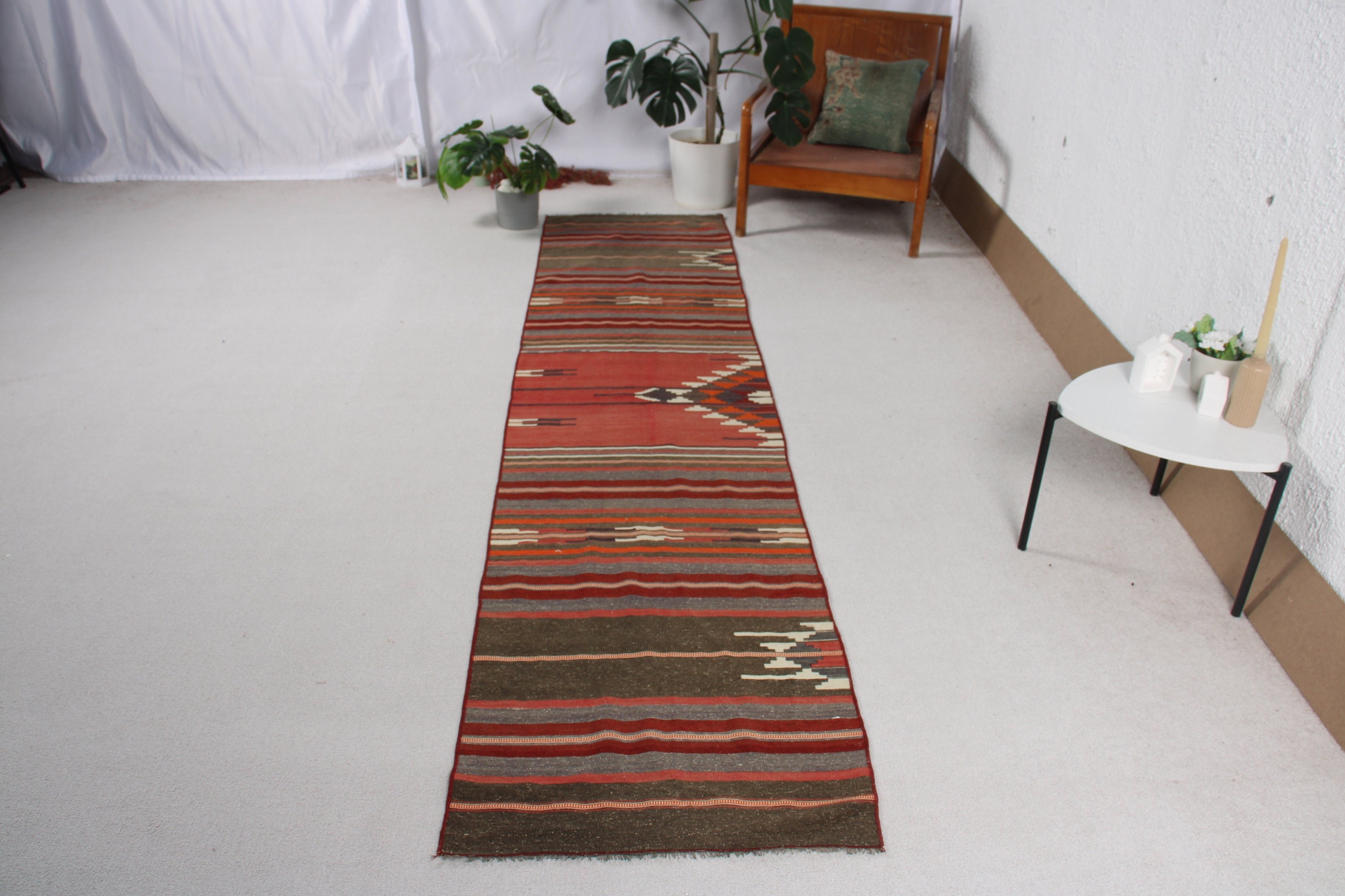 2.2x9.8 ft Runner Halıları, Kırmızı Geometrik Halı, Runner Halıları, Koridor Halısı, Vintage Halı, Ev Dekor Halısı, Türk Halıları, Kilim, Nötr Halılar