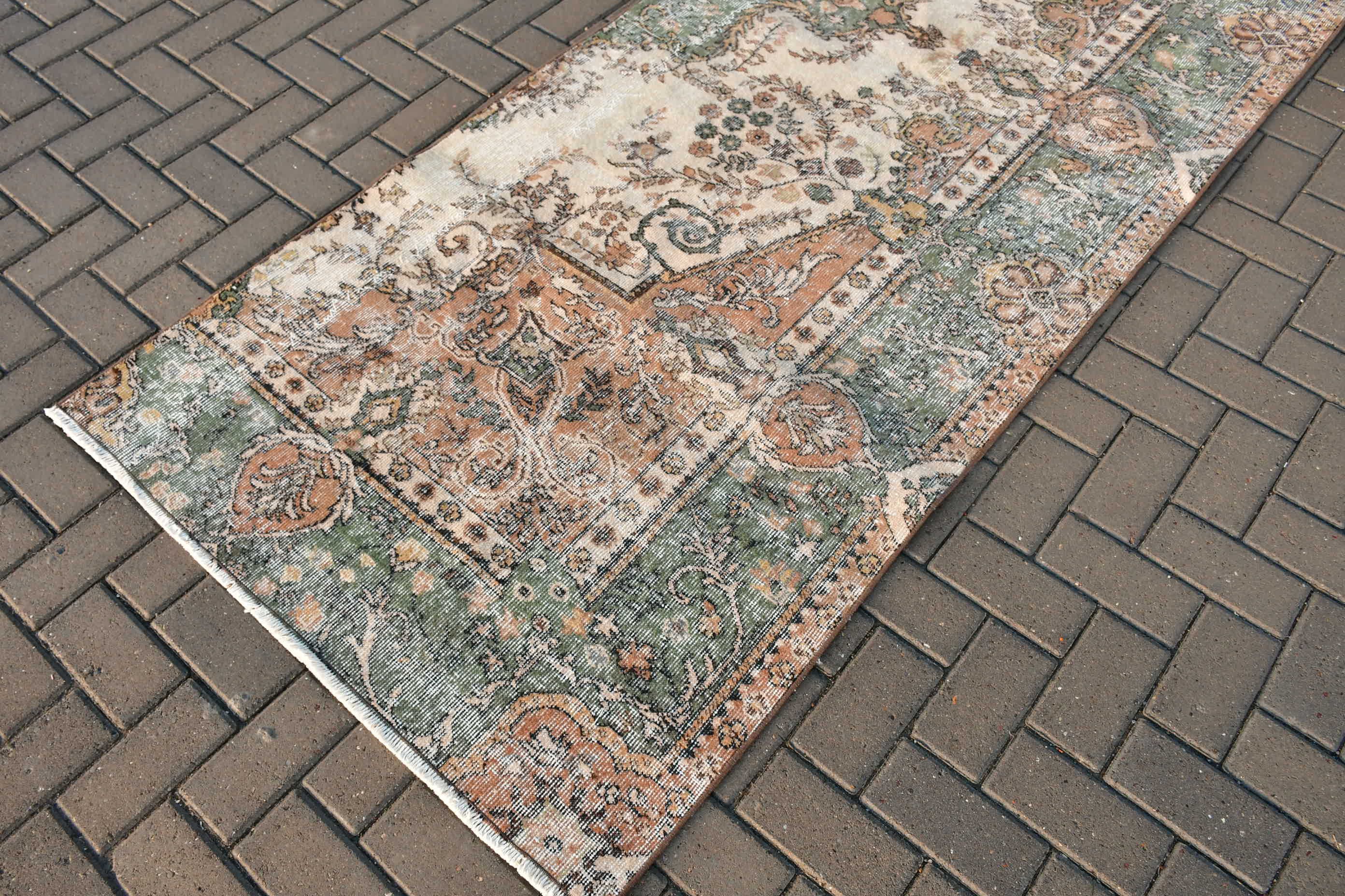 Anadolu Halıları, Vintage Halı, Soyut Halılar, 3,5x10,1 ft Runner Halısı, Runner Halıları, Türk Halısı, Bej Yün Halı, Koridor Halısı, Oushak Halısı