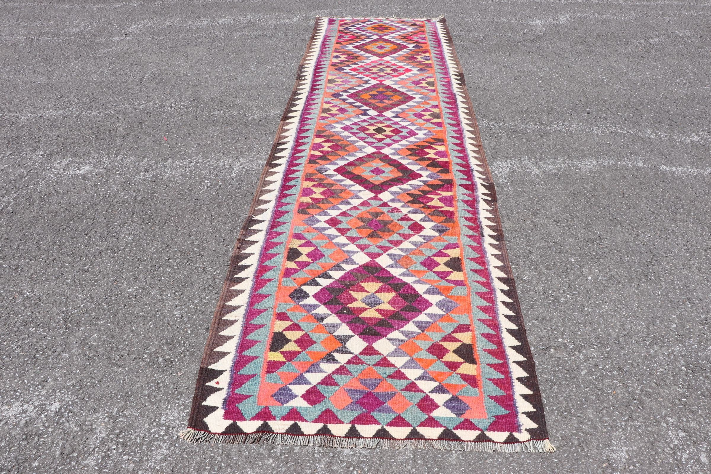 Pink  3.2x11.9 ft Runner Rugs, Kilim, Oushak Rug, Turkish Rug, Vintage Rug, Kitchen Rugs, Hallway Rug, Floor Rugs, Aztec Rug