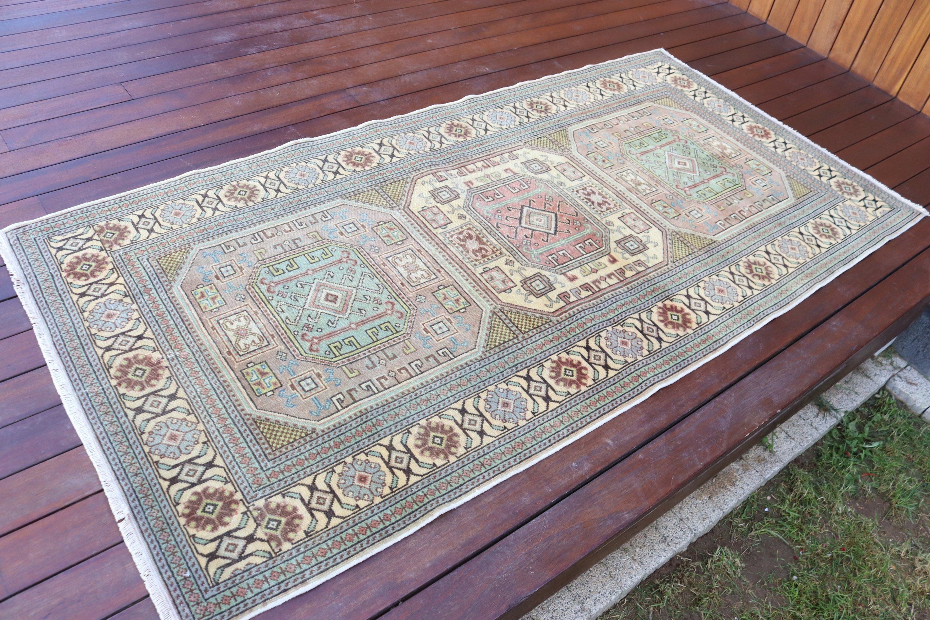 Türk Halıları, Nötr Halı, 3,2x6,3 ft Vurgulu Halılar, Sarı Anadolu Halısı, Dekoratif Halılar, Vintage Halılar, Dekoratif Halı, Düz Dokuma Halılar