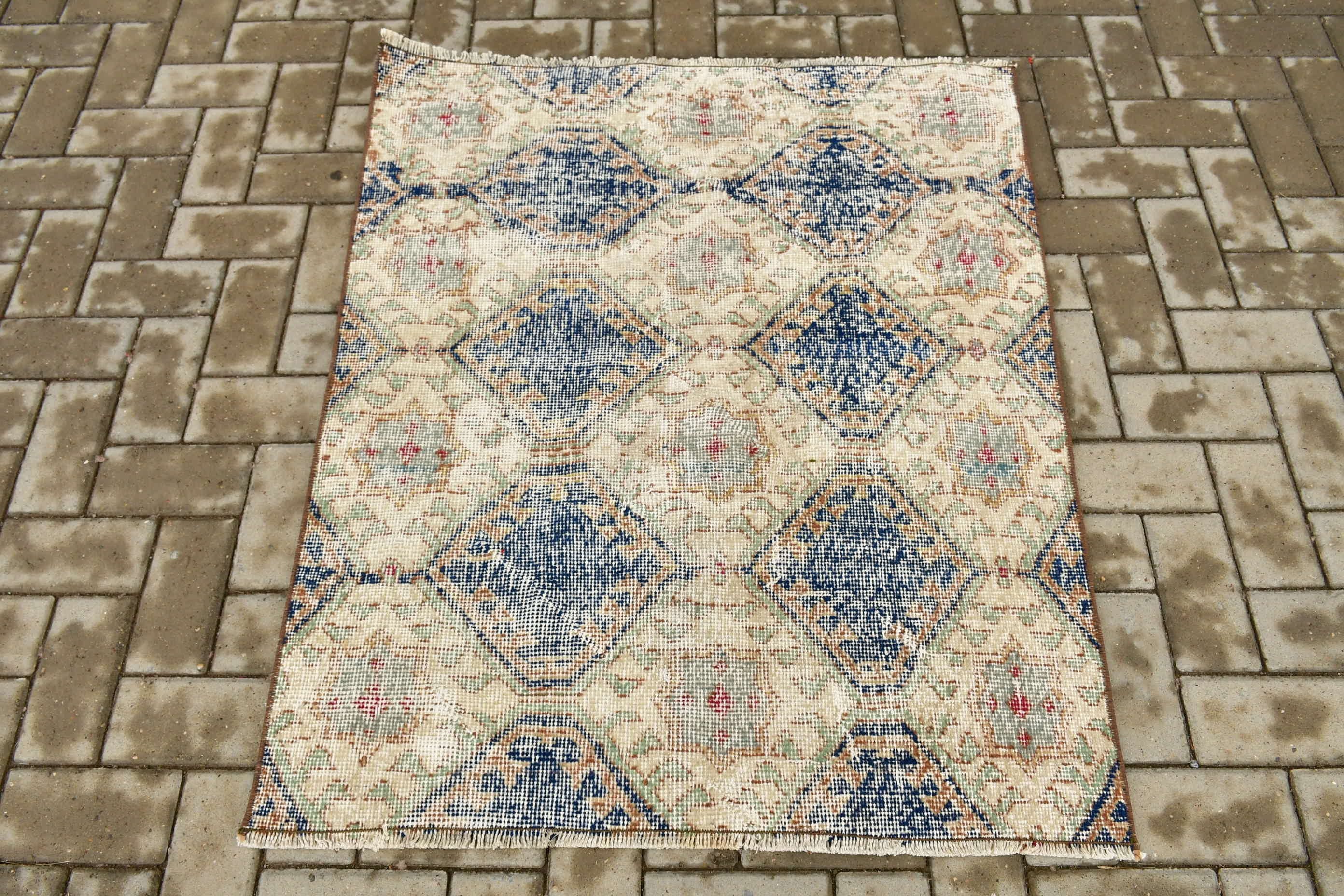 Wool Rug, 3.2x3.9 ft Small Rug, Beige Cool Rugs, Antique Rugs, Rugs for Car Mat, Vintage Rug, Bathroom Rug, Turkish Rugs, Bedroom Rug