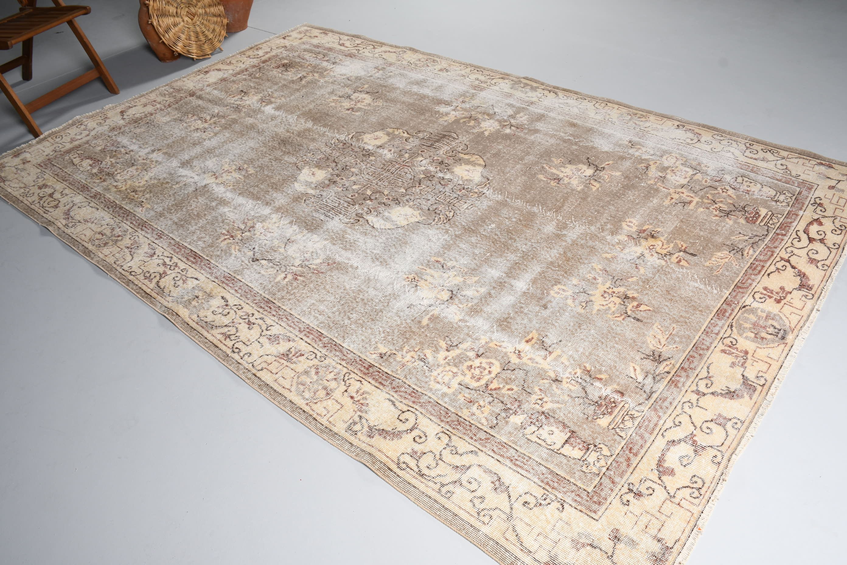 6.8x10.1 ft Büyük Halı, Göçebe Halı, Bej Yün Halı, Ev Dekorasyonu Halıları, Türk Halıları, Oturma Odası Halısı, Vintage Halı, Havalı Halı, Yemek Odası Halısı