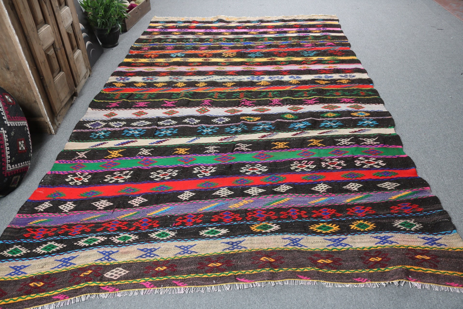 Yün Halılar, Kilim, Türk Halıları, Düz Dokuma Halı, Kahverengi Yer Halısı, El Yapımı Halı, Büyük Boy Türk Halıları, 10.7x6.9 ft Büyük Boy Halı, Vintage Halılar