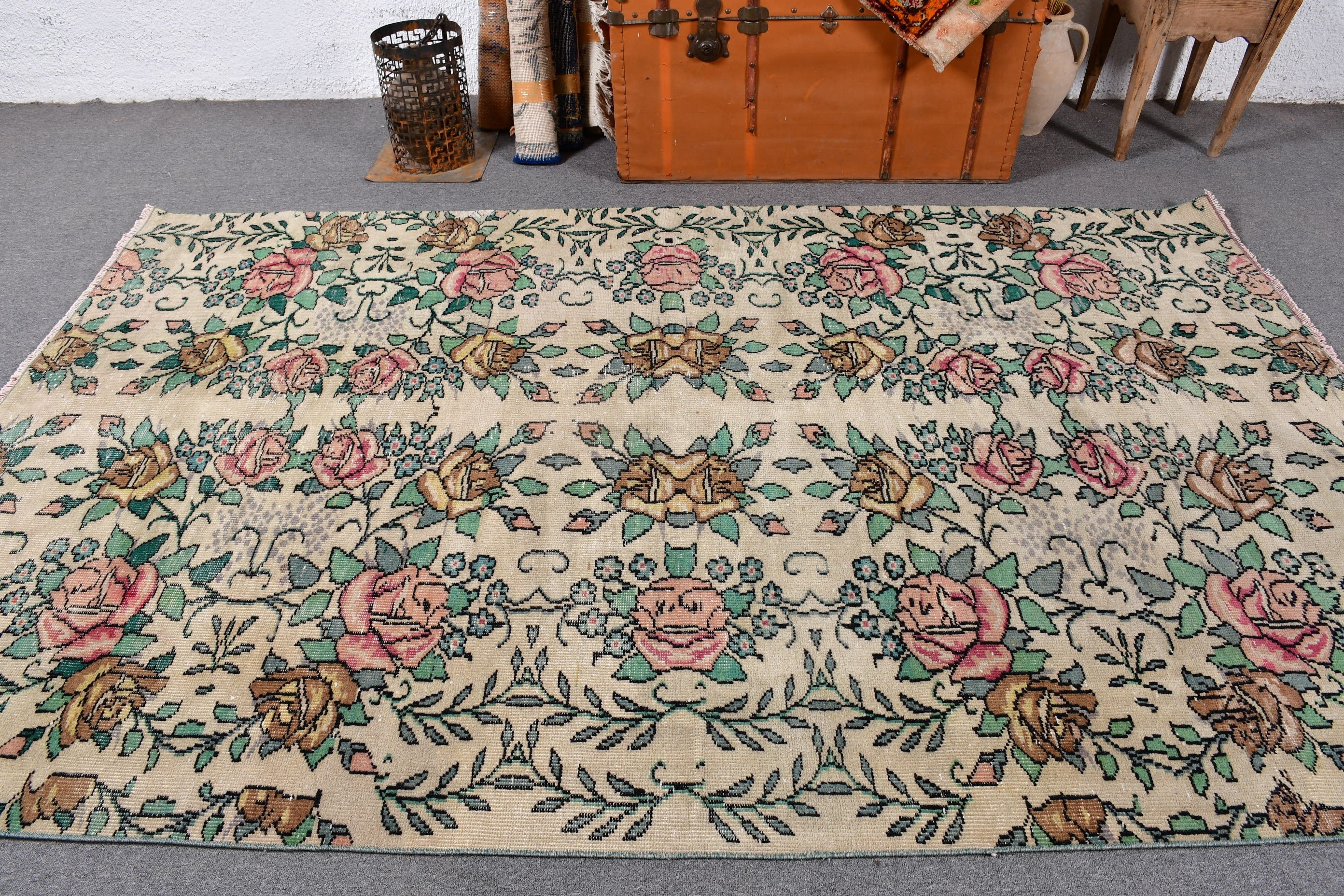 Salon Halısı, Büyük Vintage Halı, Vintage Halılar, Bej 5.3x8.6 ft Büyük Halı, El Dokuma Halı, Türk Halıları, Bohem Halıları, Havalı Halı