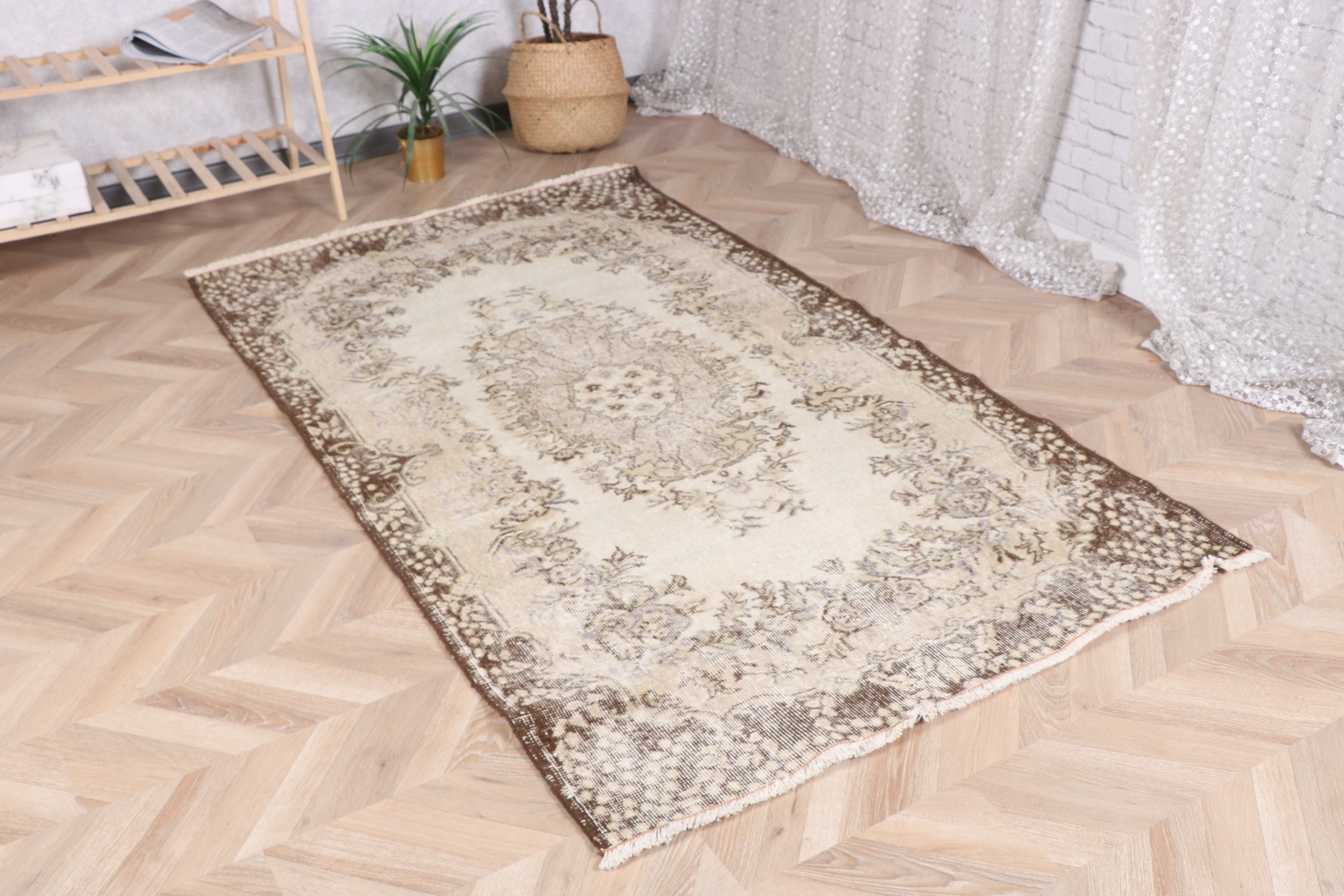 Bej Mutfak Halısı, Vintage Halı, Ev Dekorasyonu Halıları, Düz Dokuma Halılar, 3,9x6,8 ft Alan Halıları, Türk Halısı, Vintage Alan Halıları, Boho Alan Halısı