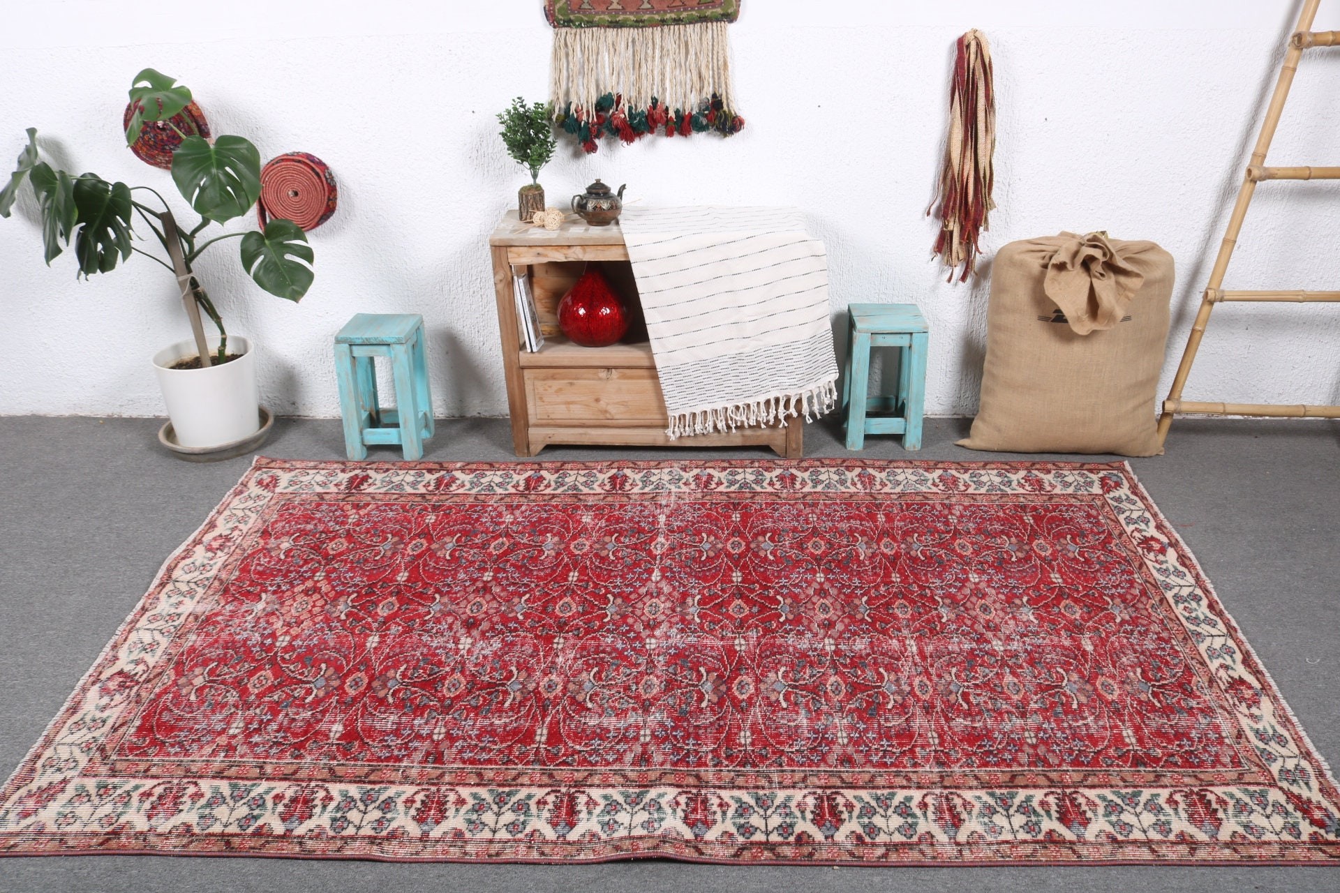 Kitchen Rugs, 4.7x7.8 ft Area Rugs, Living Room Rug, Red Antique Rug, Vintage Rug, Turkish Rug, Oushak Rugs, Authentic Rug, Dining Room Rug