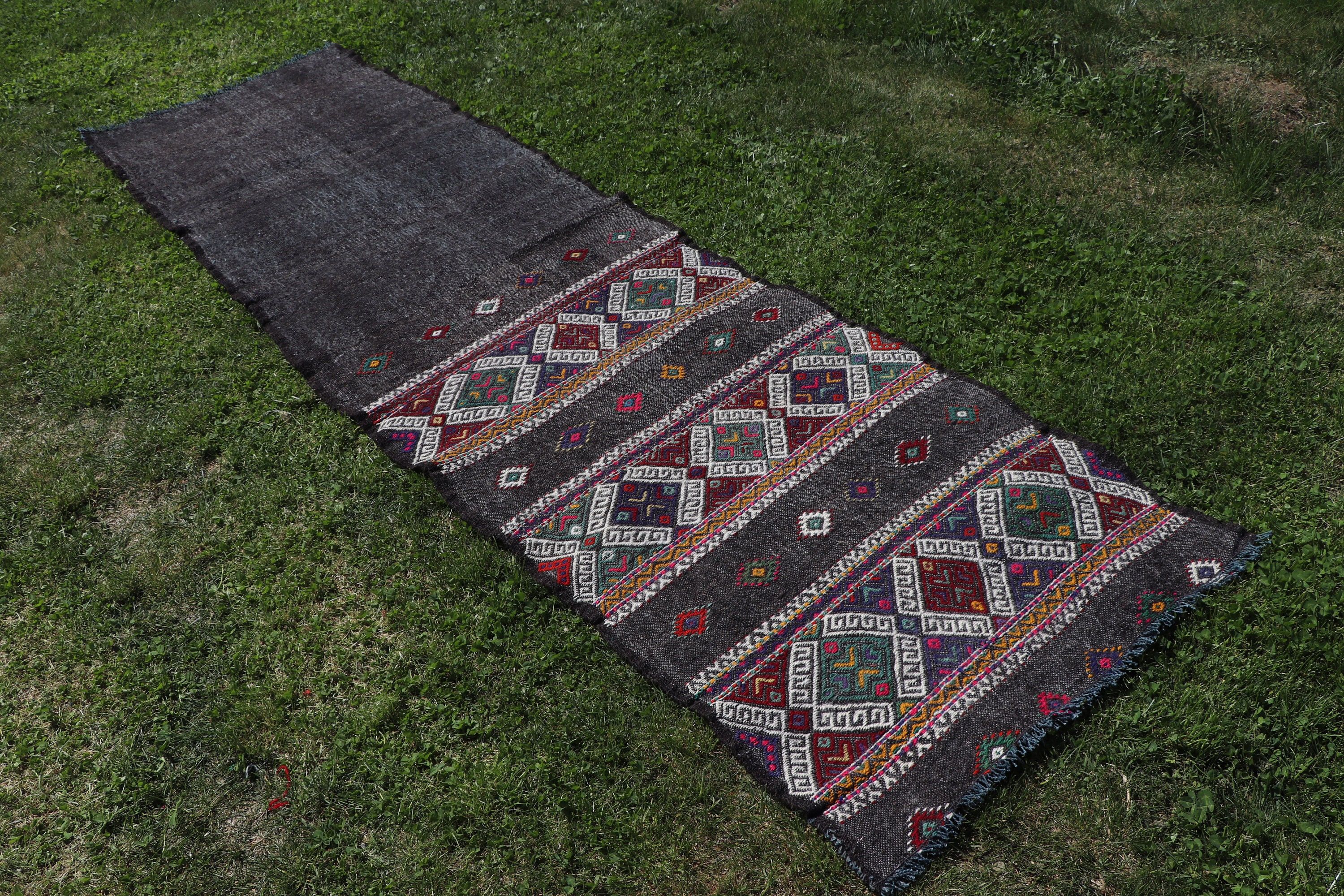 Yün Halı, Merdiven Halıları, Türk Halıları, 2.4x9.4 ft Runner Halısı, Vintage Runner Halısı, Siyah Oushak Halıları, Vintage Halı, Kilim, Mutfak Halıları